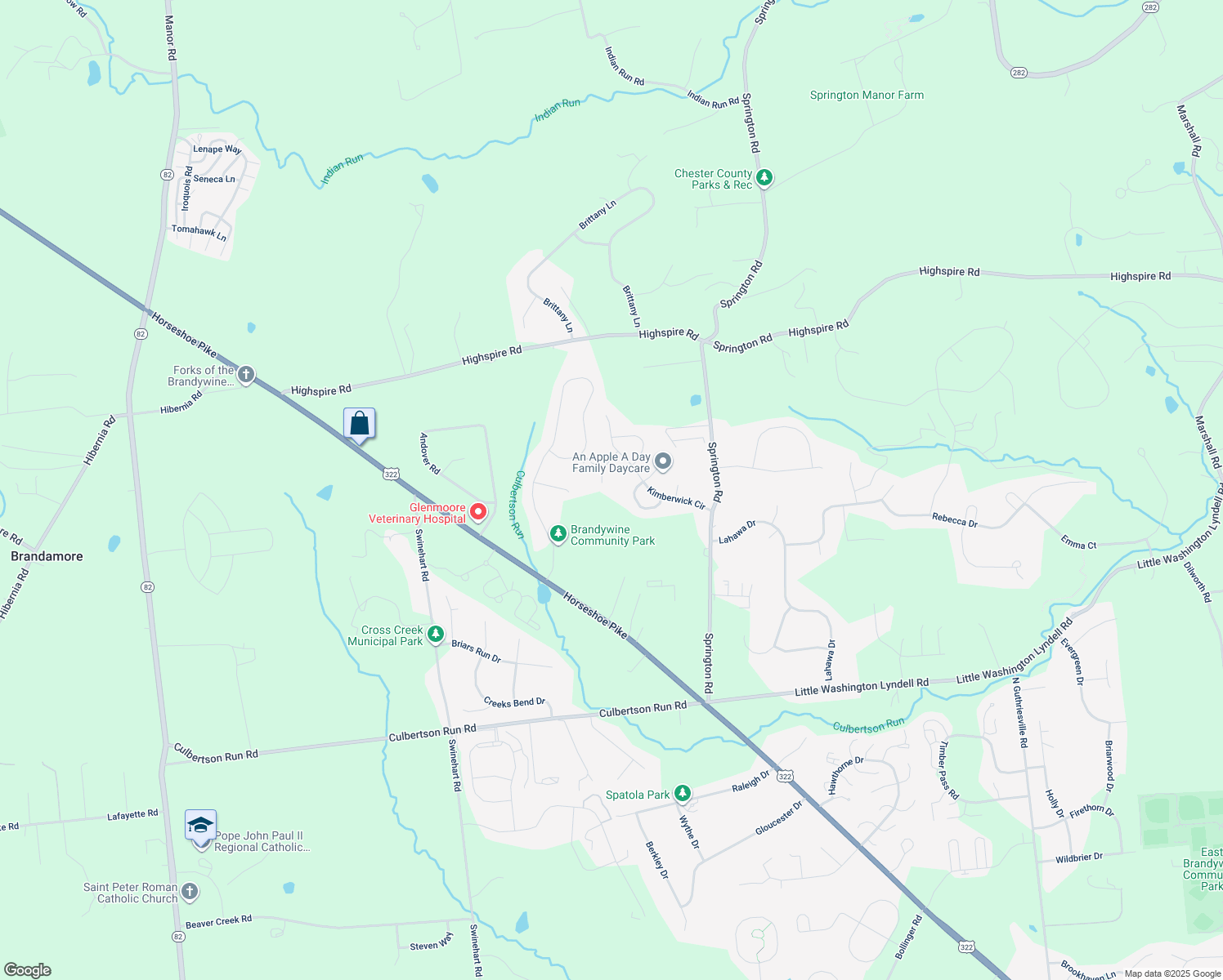 map of restaurants, bars, coffee shops, grocery stores, and more near 30 Post Run Road in Glenmoore