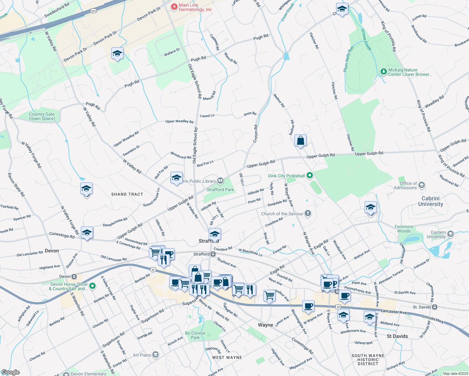 map of restaurants, bars, coffee shops, grocery stores, and more near 570 Brinton Road in Wayne