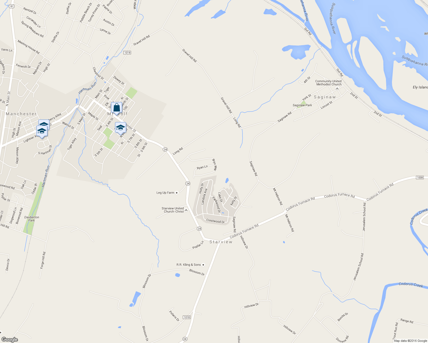 map of restaurants, bars, coffee shops, grocery stores, and more near 110 Bryn Way in Mount Wolf