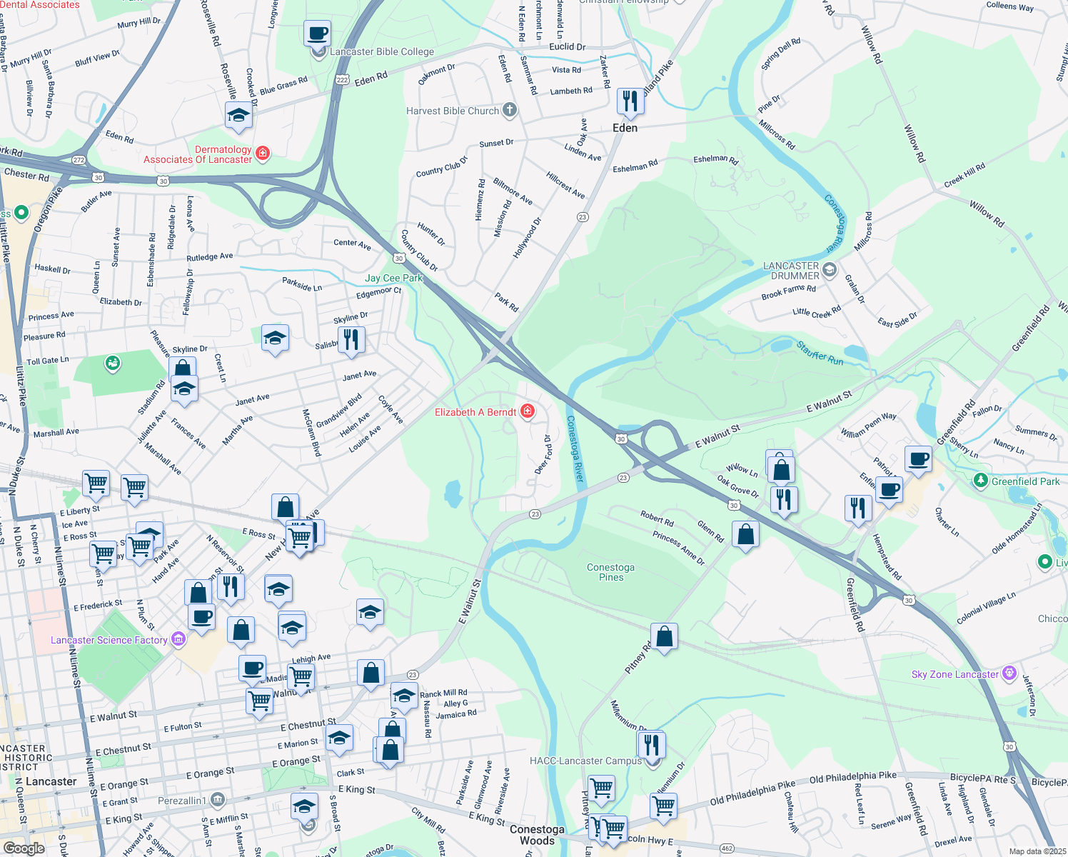 map of restaurants, bars, coffee shops, grocery stores, and more near 151 Deer Ford Drive in Lancaster