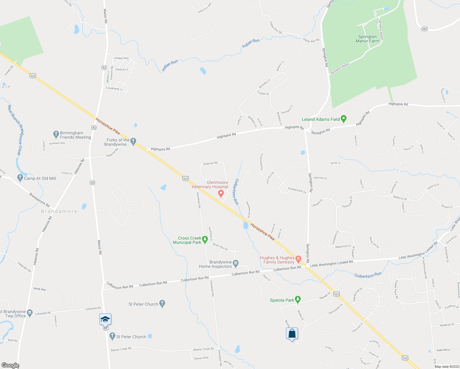 map of restaurants, bars, coffee shops, grocery stores, and more near 28 Andover Road in Glenmoore