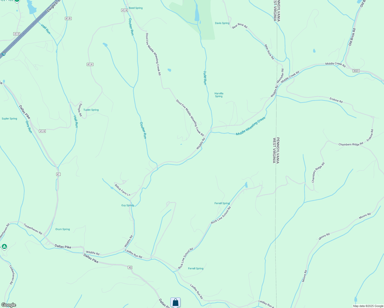 map of restaurants, bars, coffee shops, grocery stores, and more near Middle Wheeling Creek Road in Valley Grove