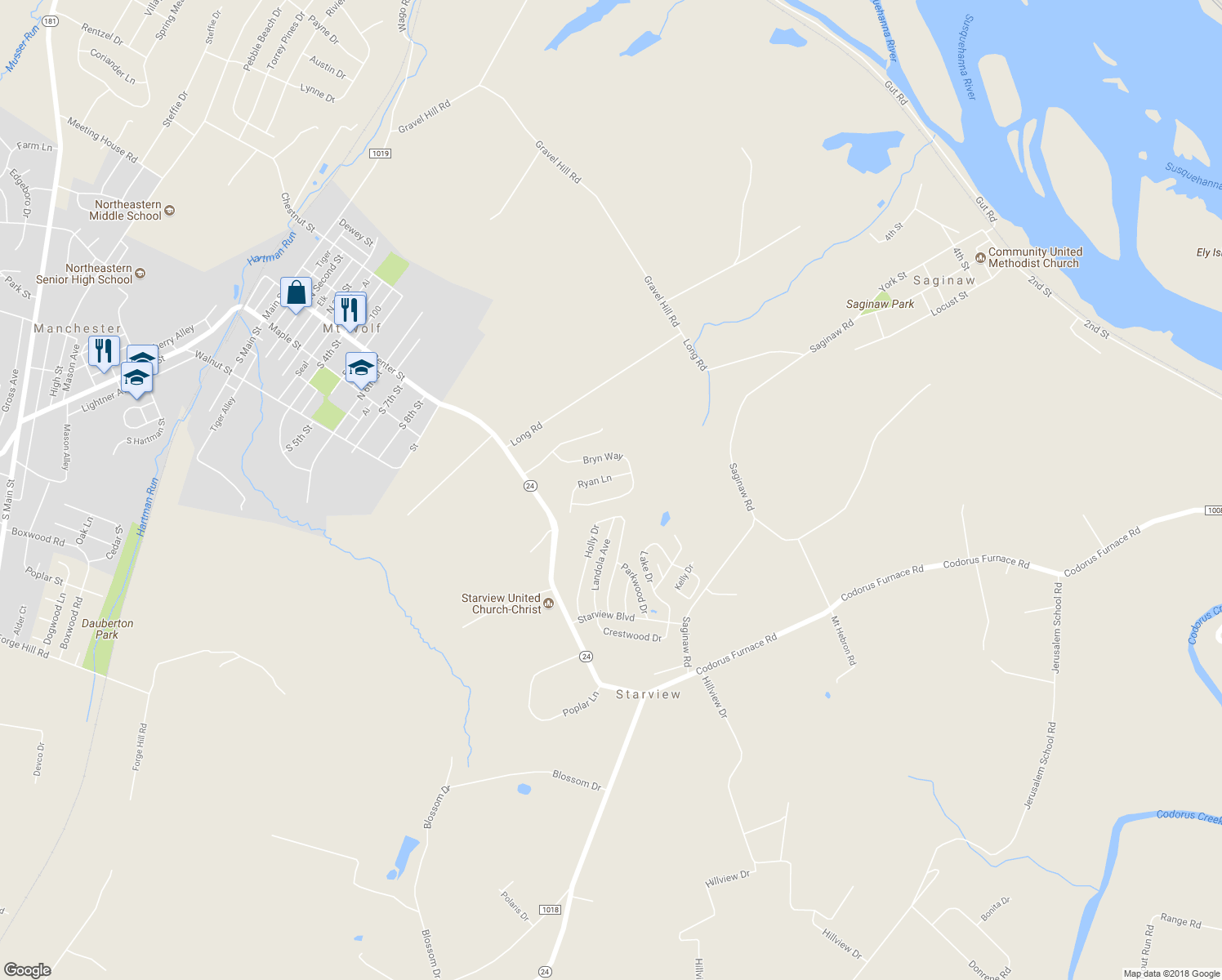 map of restaurants, bars, coffee shops, grocery stores, and more near 135 Bryn Way in Mount Wolf