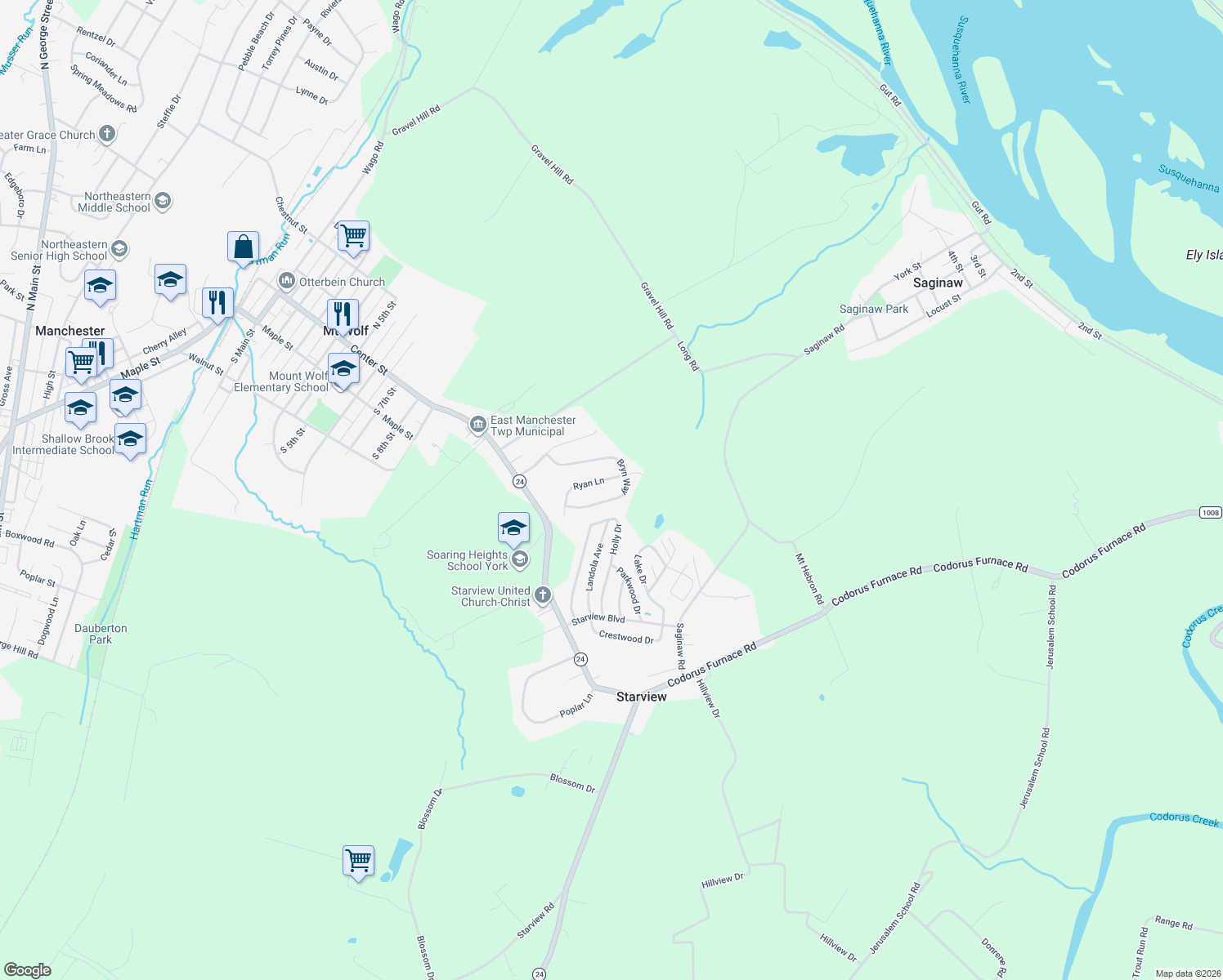 map of restaurants, bars, coffee shops, grocery stores, and more near 125 Bryn Way in Mount Wolf