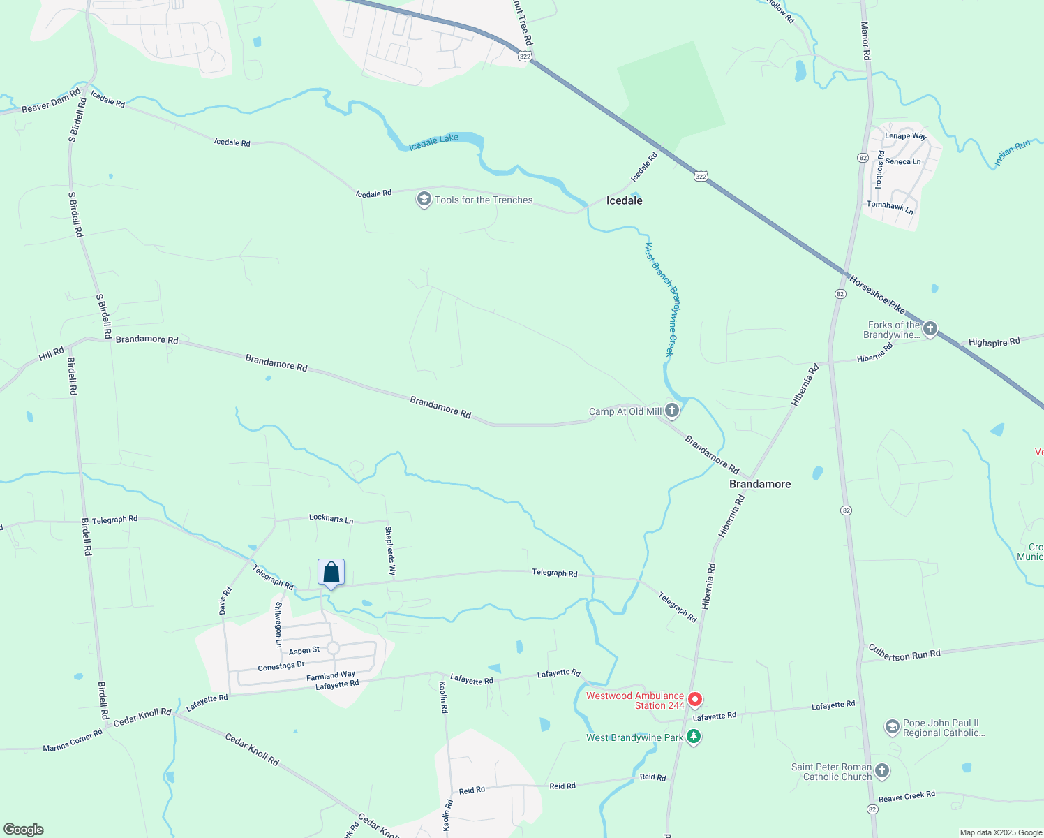 map of restaurants, bars, coffee shops, grocery stores, and more near 207 Brandamore Road in Honey Brook