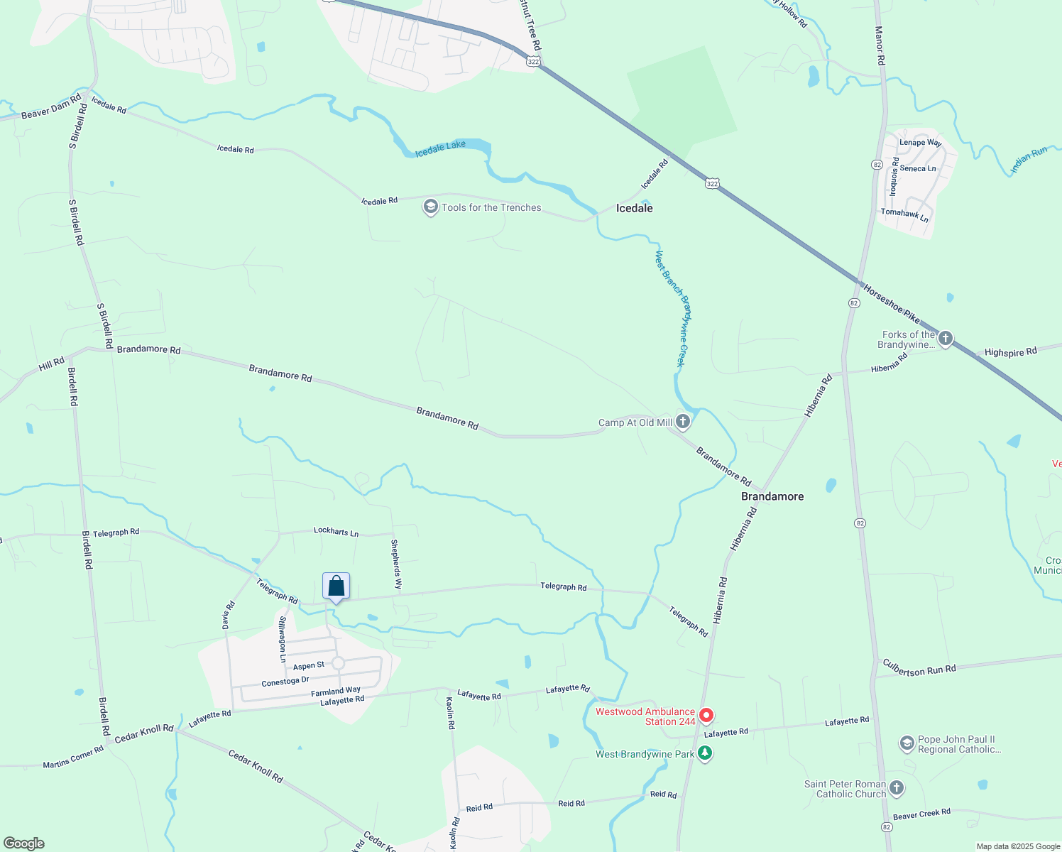 map of restaurants, bars, coffee shops, grocery stores, and more near 207 Brandamore Road in Honey Brook