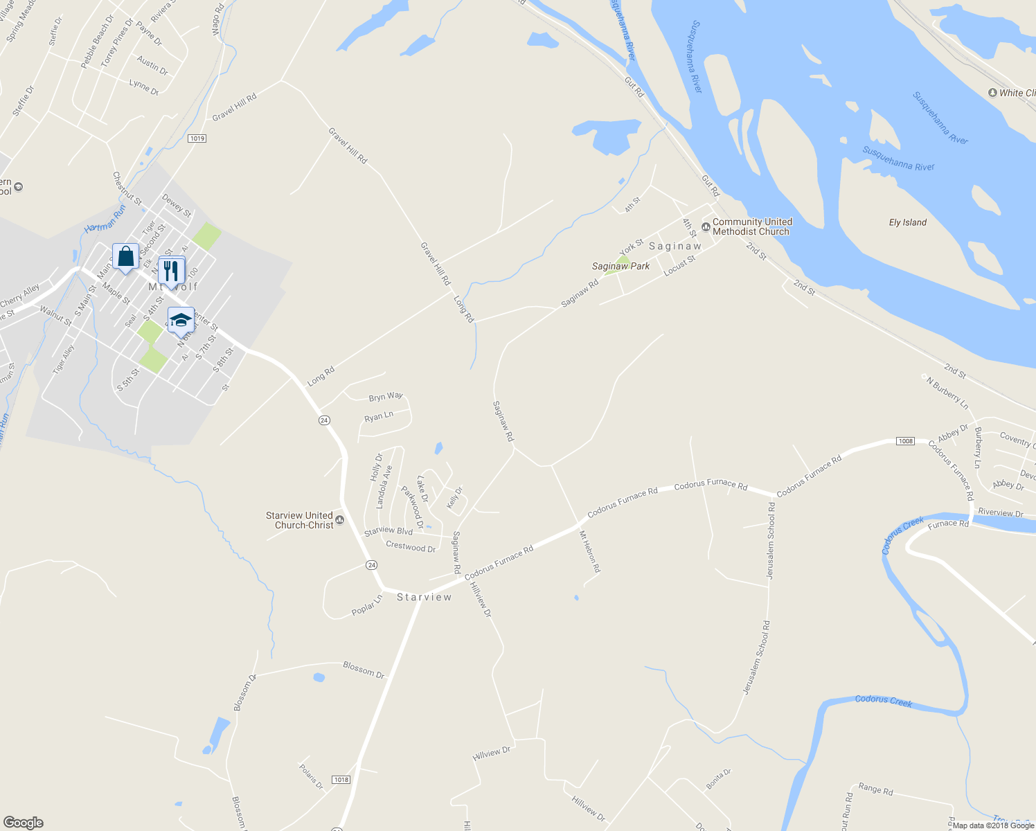 map of restaurants, bars, coffee shops, grocery stores, and more near 245 Saginaw Road in Mount Wolf