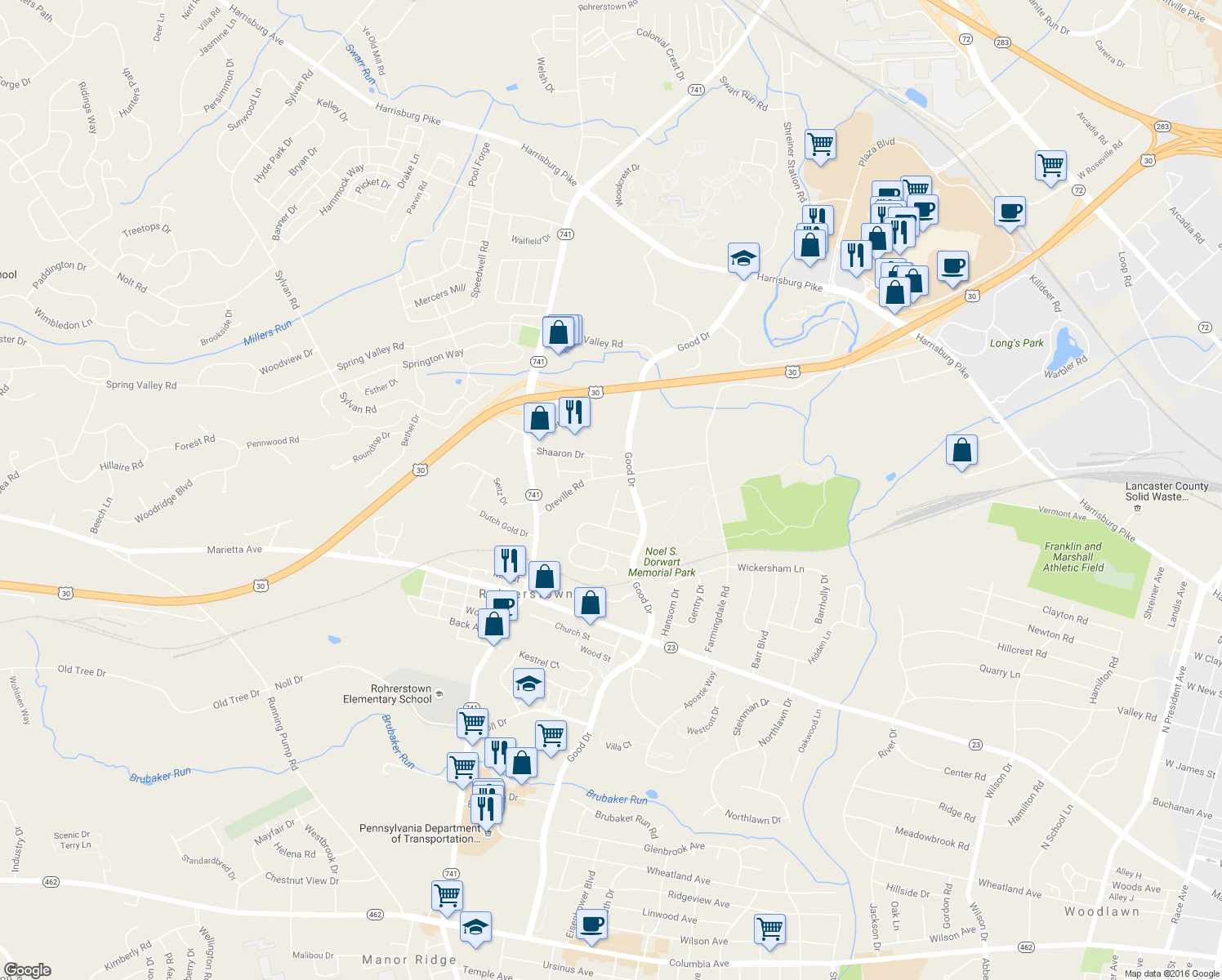 map of restaurants, bars, coffee shops, grocery stores, and more near 226 Rocklawn Lane in Lancaster