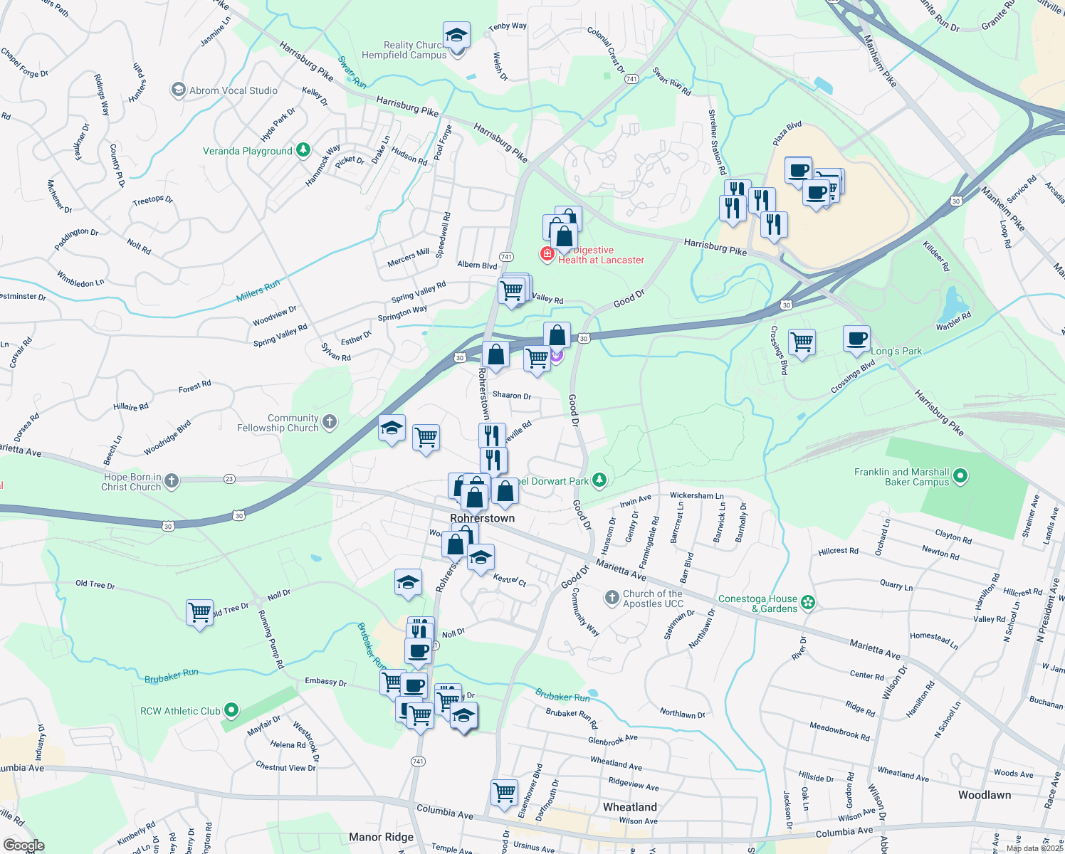 map of restaurants, bars, coffee shops, grocery stores, and more near 2108 Oreville Road in Lancaster