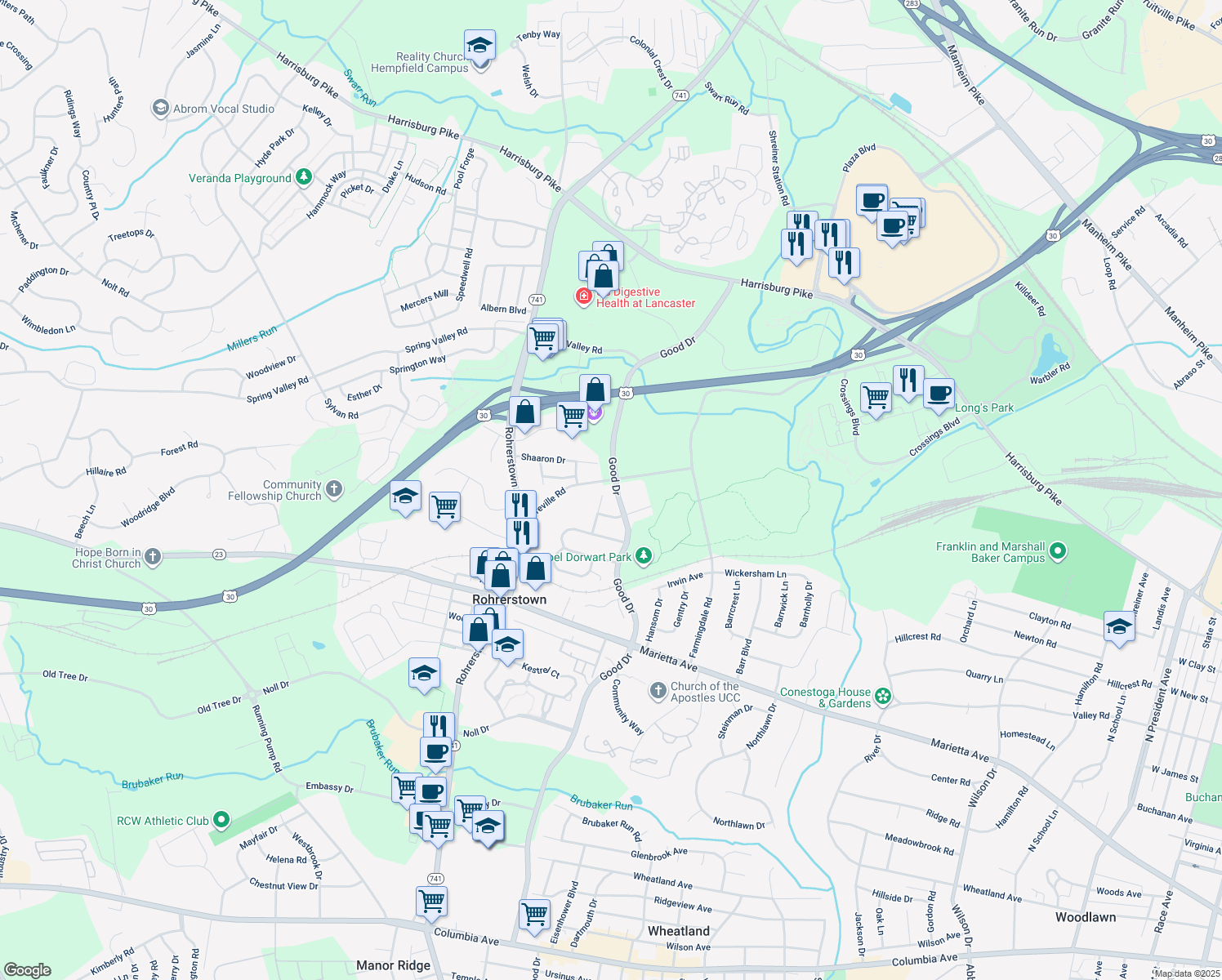 map of restaurants, bars, coffee shops, grocery stores, and more near 238 Rocklawn Lane in Lancaster
