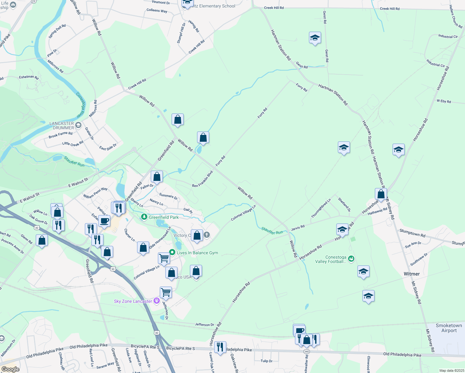 map of restaurants, bars, coffee shops, grocery stores, and more near 450 Willow Rd in Lancaster