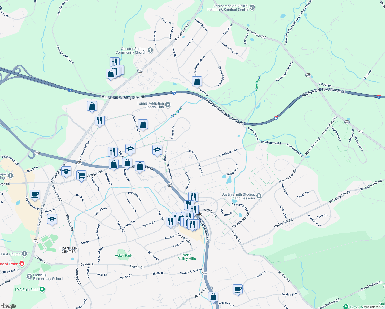 map of restaurants, bars, coffee shops, grocery stores, and more near 102 Pembroke Court in Exton