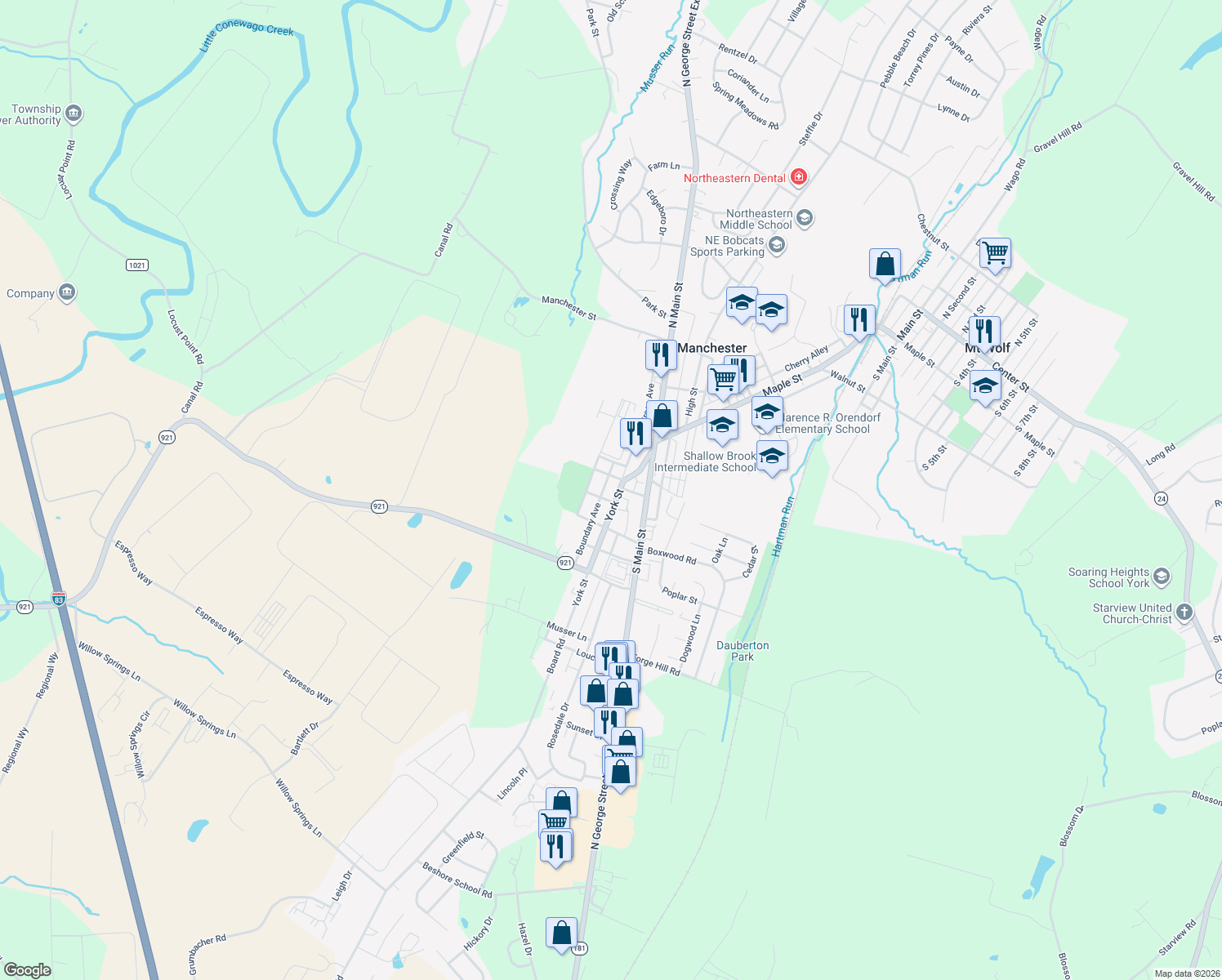 map of restaurants, bars, coffee shops, grocery stores, and more near 114 York St in Manchester