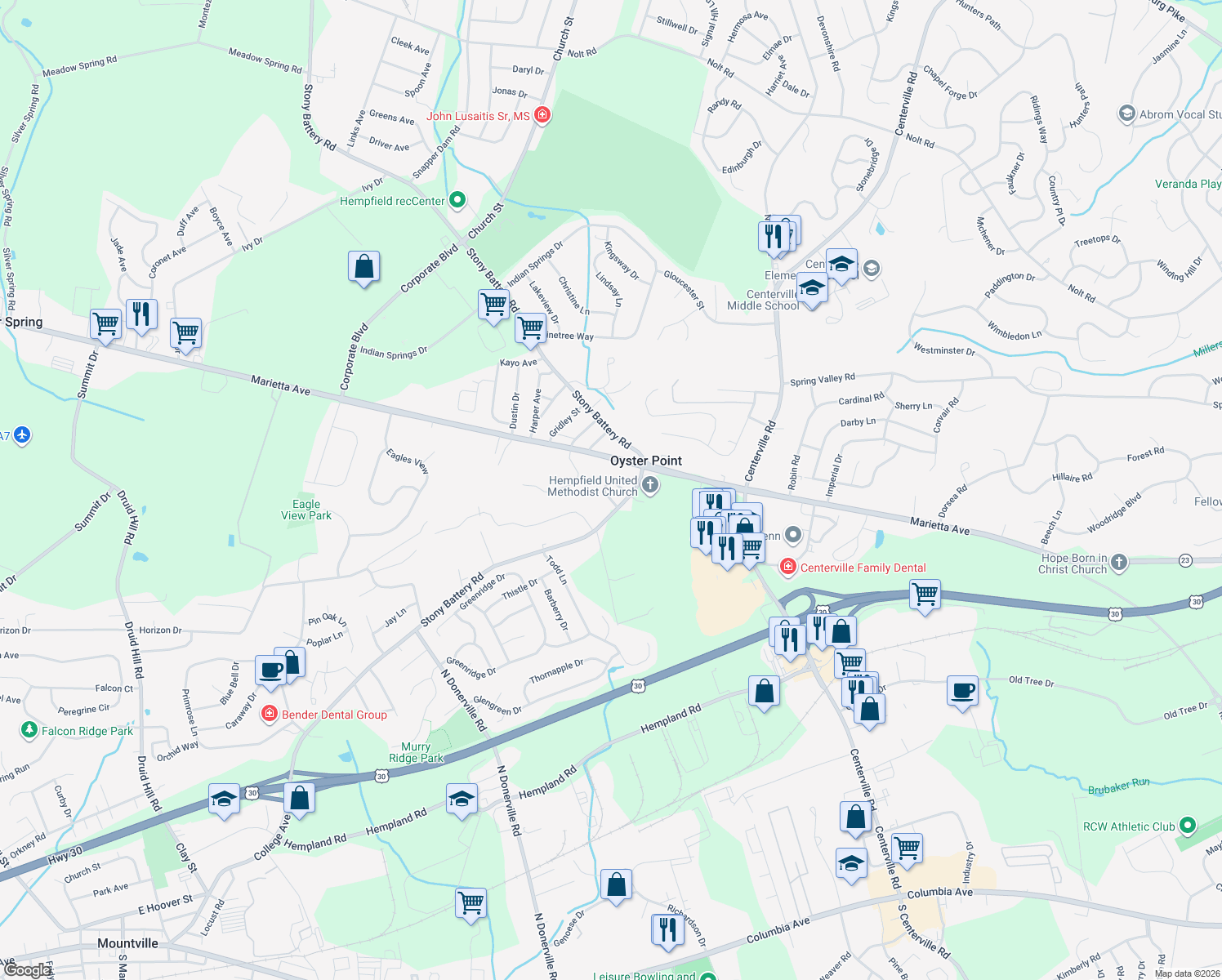 map of restaurants, bars, coffee shops, grocery stores, and more near 3135 Sandstone Dr in Lancaster