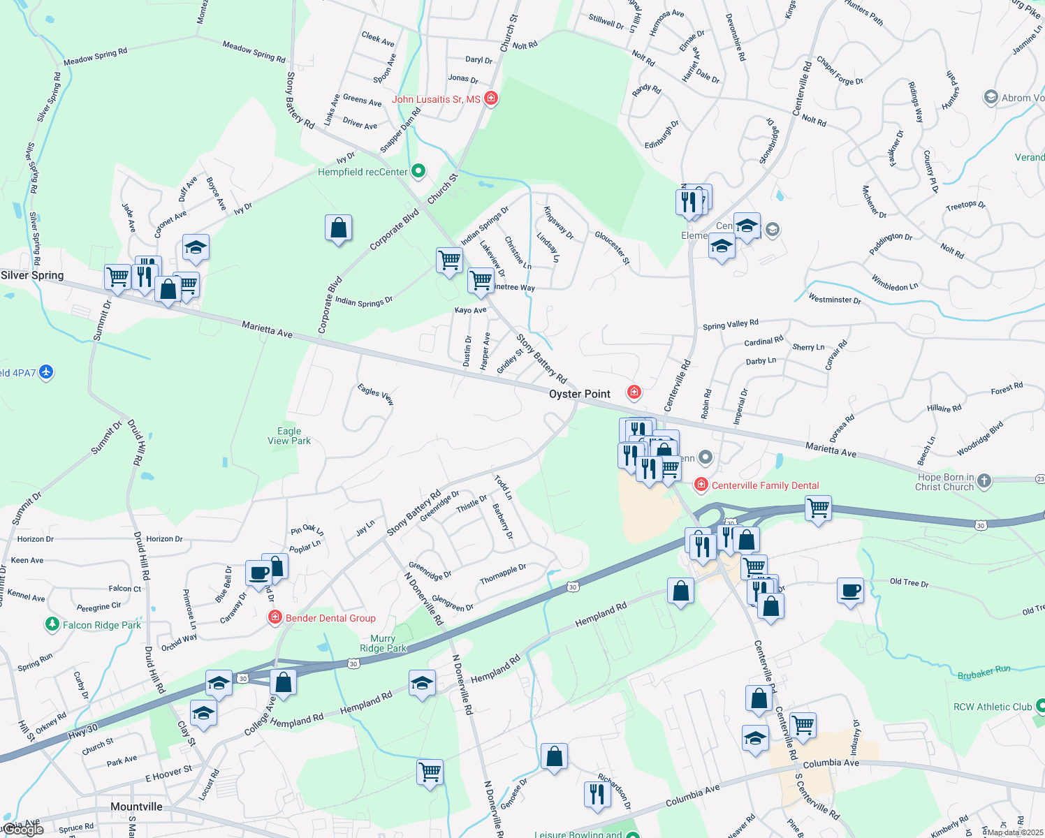map of restaurants, bars, coffee shops, grocery stores, and more near 3174 Grande Oak Place in Lancaster