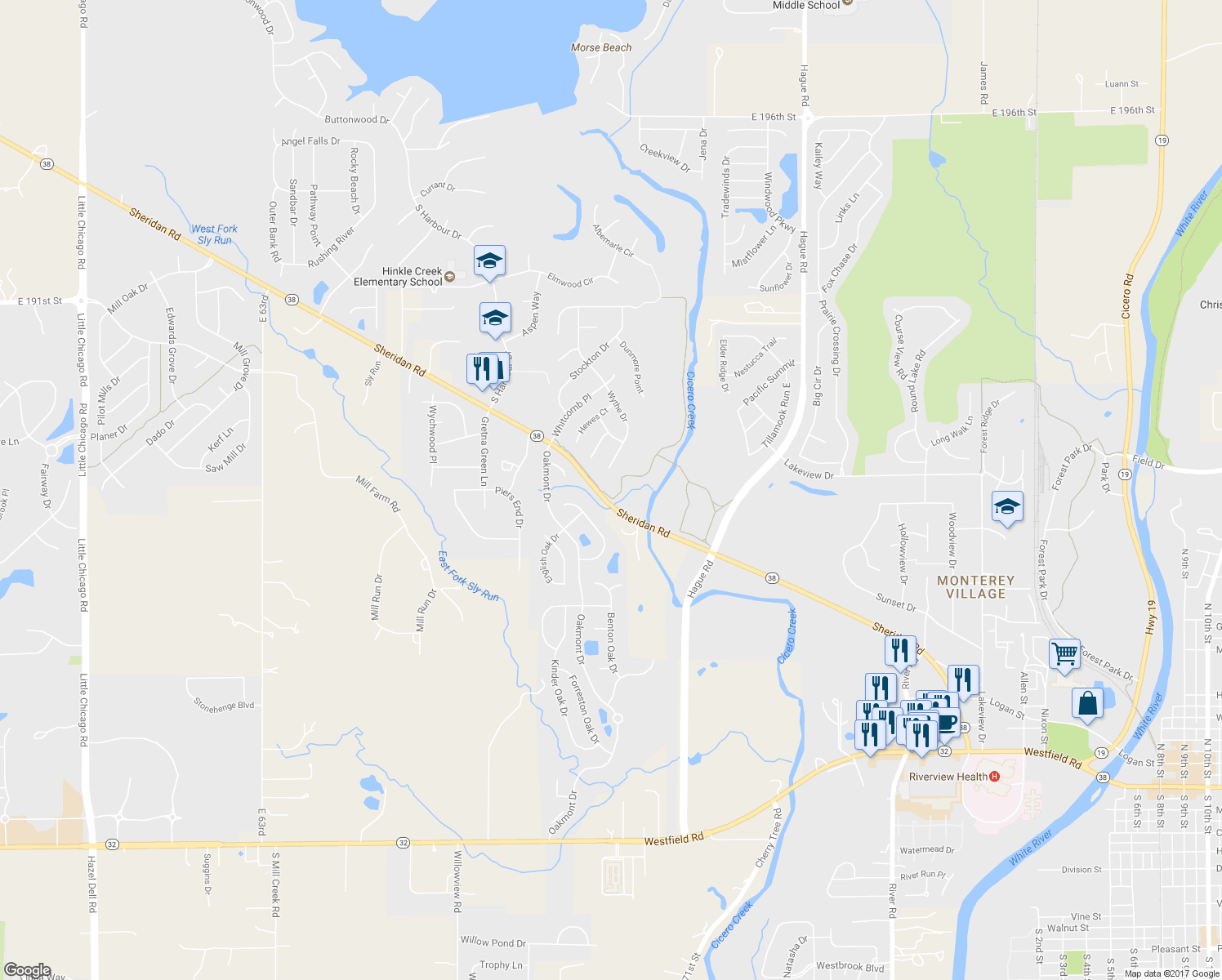 map of restaurants, bars, coffee shops, grocery stores, and more near 1616 Sheridan Road in Noblesville