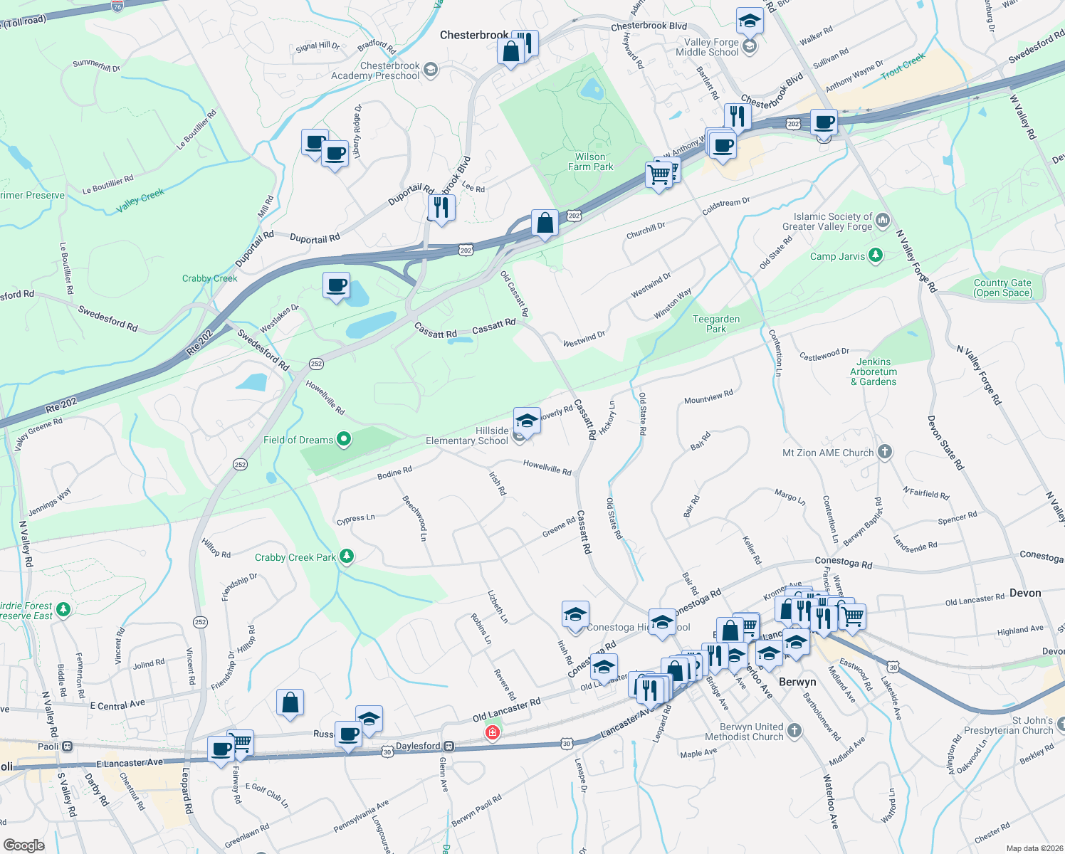 map of restaurants, bars, coffee shops, grocery stores, and more near 884 Cloverly Road in Berwyn