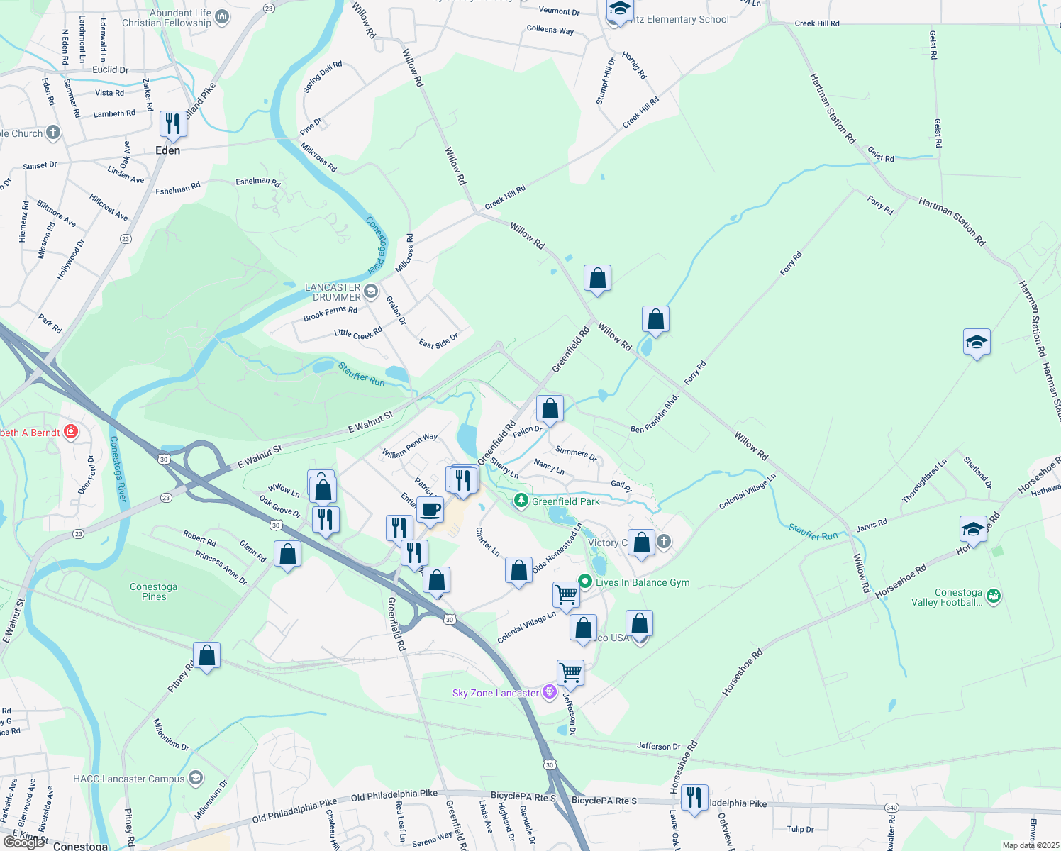 map of restaurants, bars, coffee shops, grocery stores, and more near 718 Fallon Drive in Lancaster