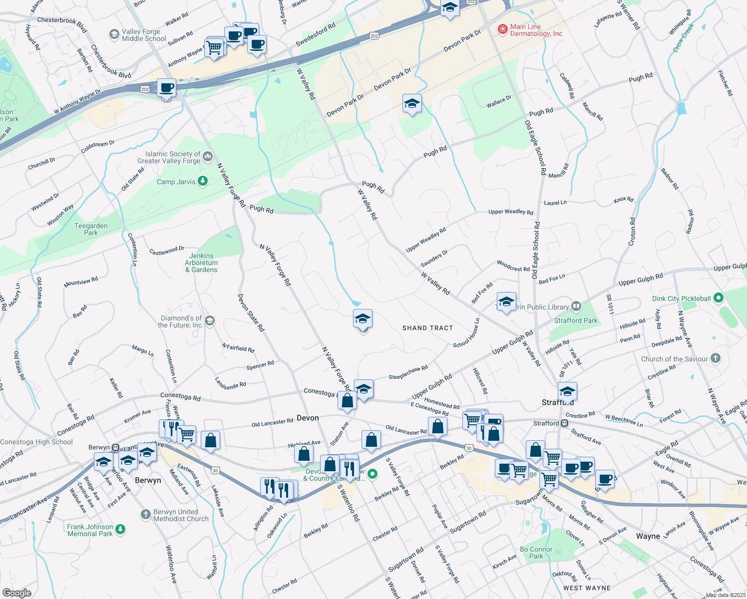 map of restaurants, bars, coffee shops, grocery stores, and more near 158 Colket Lane in Devon