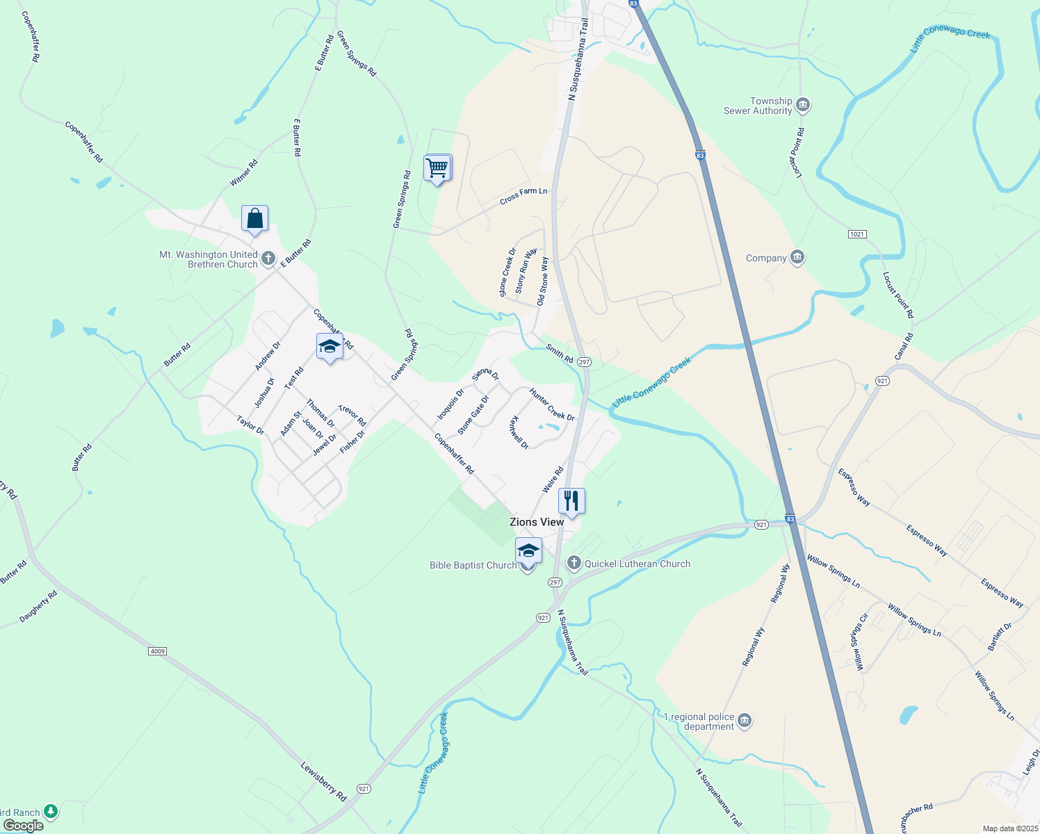 map of restaurants, bars, coffee shops, grocery stores, and more near 305 Kentwell Drive in York