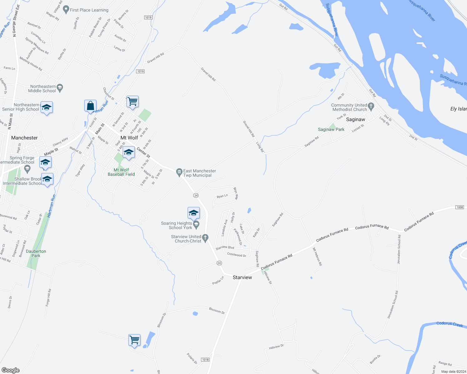 map of restaurants, bars, coffee shops, grocery stores, and more near 73 Bryn Way in Mount Wolf
