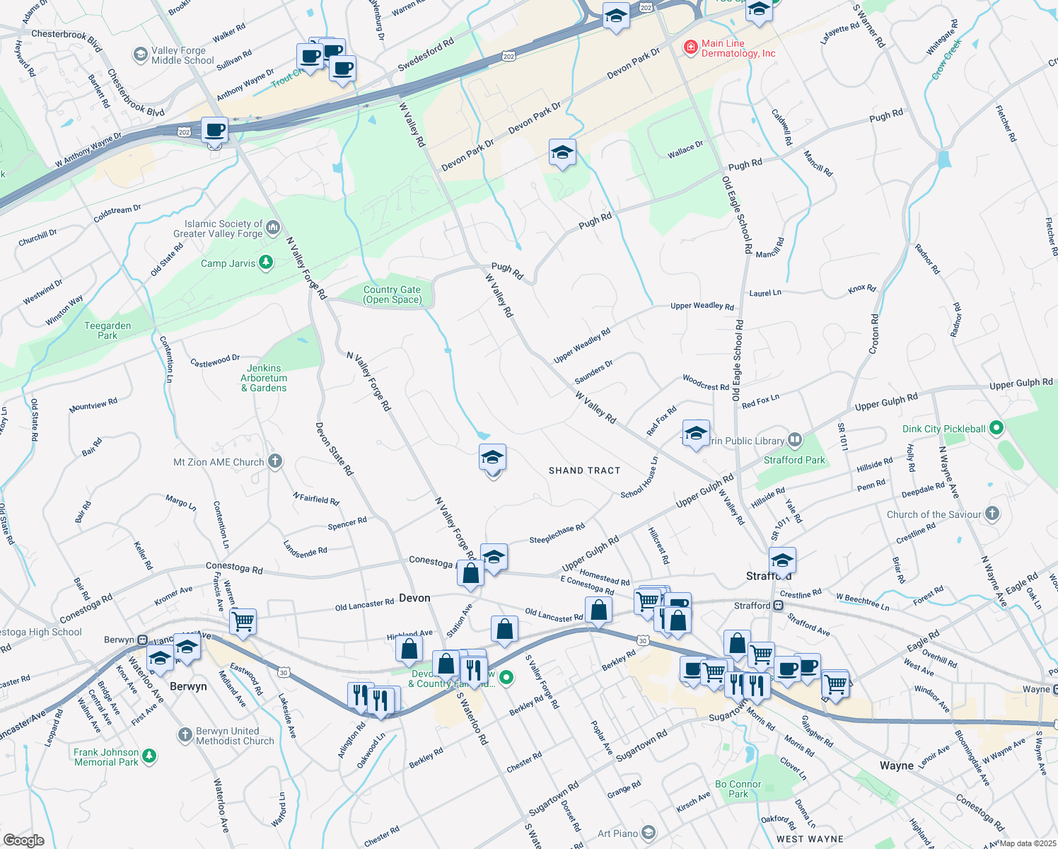 map of restaurants, bars, coffee shops, grocery stores, and more near 205 Colket Lane in Devon
