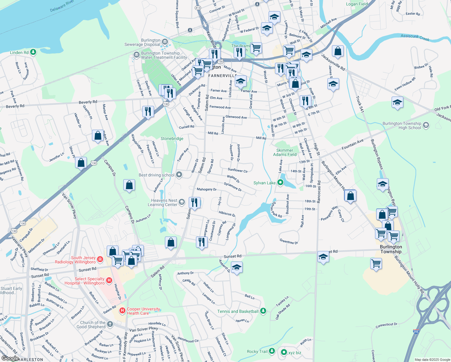 map of restaurants, bars, coffee shops, grocery stores, and more near 17 Sycamore Drive in Burlington Township