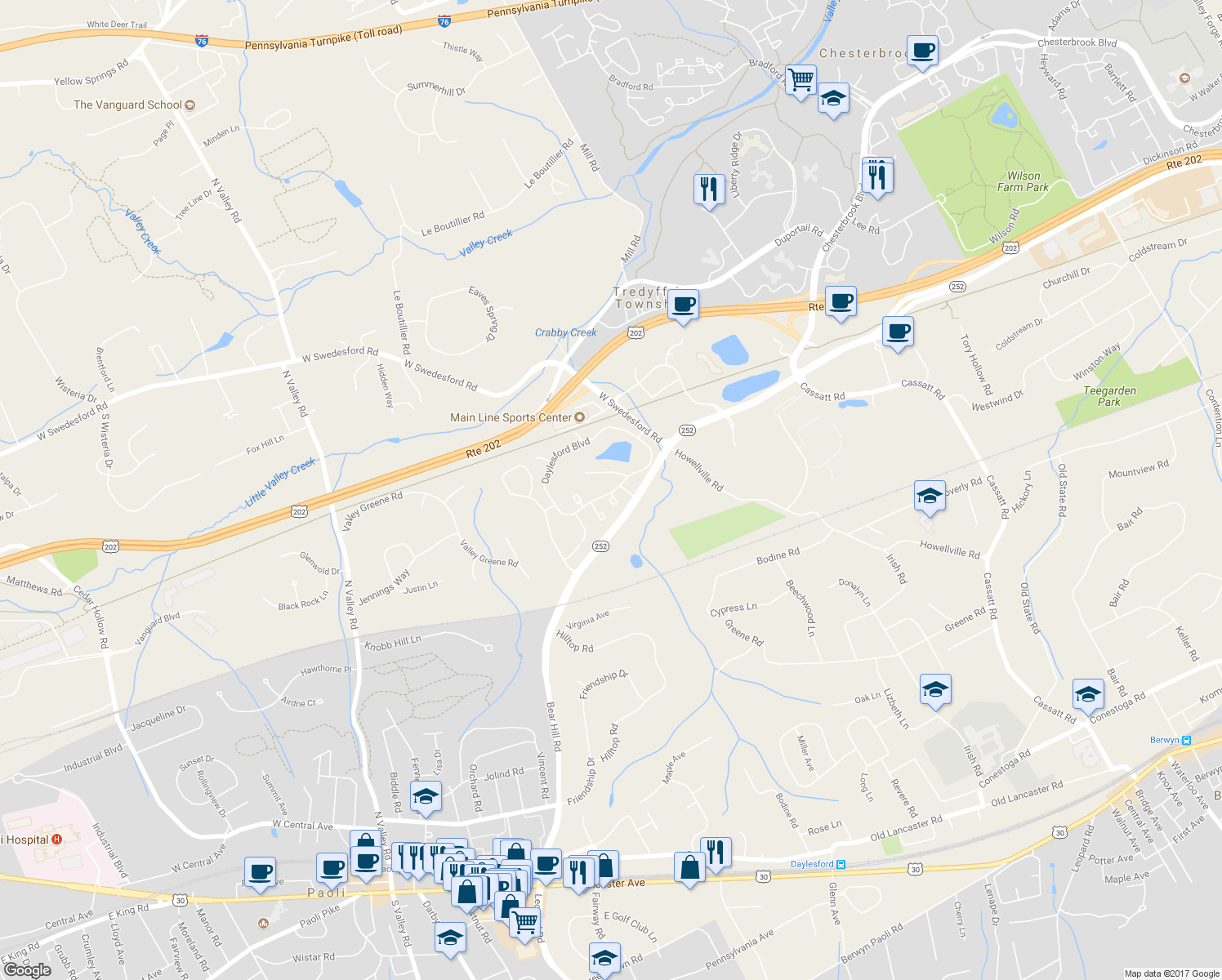 map of restaurants, bars, coffee shops, grocery stores, and more near 95 Daylesford Boulevard in Berwyn