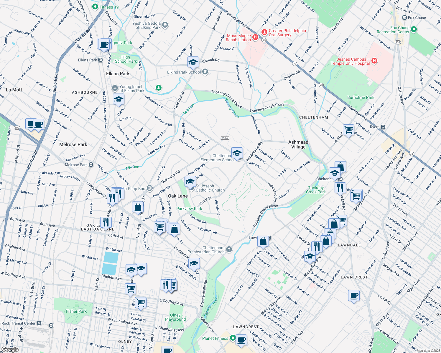 map of restaurants, bars, coffee shops, grocery stores, and more near 109 Emory Ln in Cheltenham