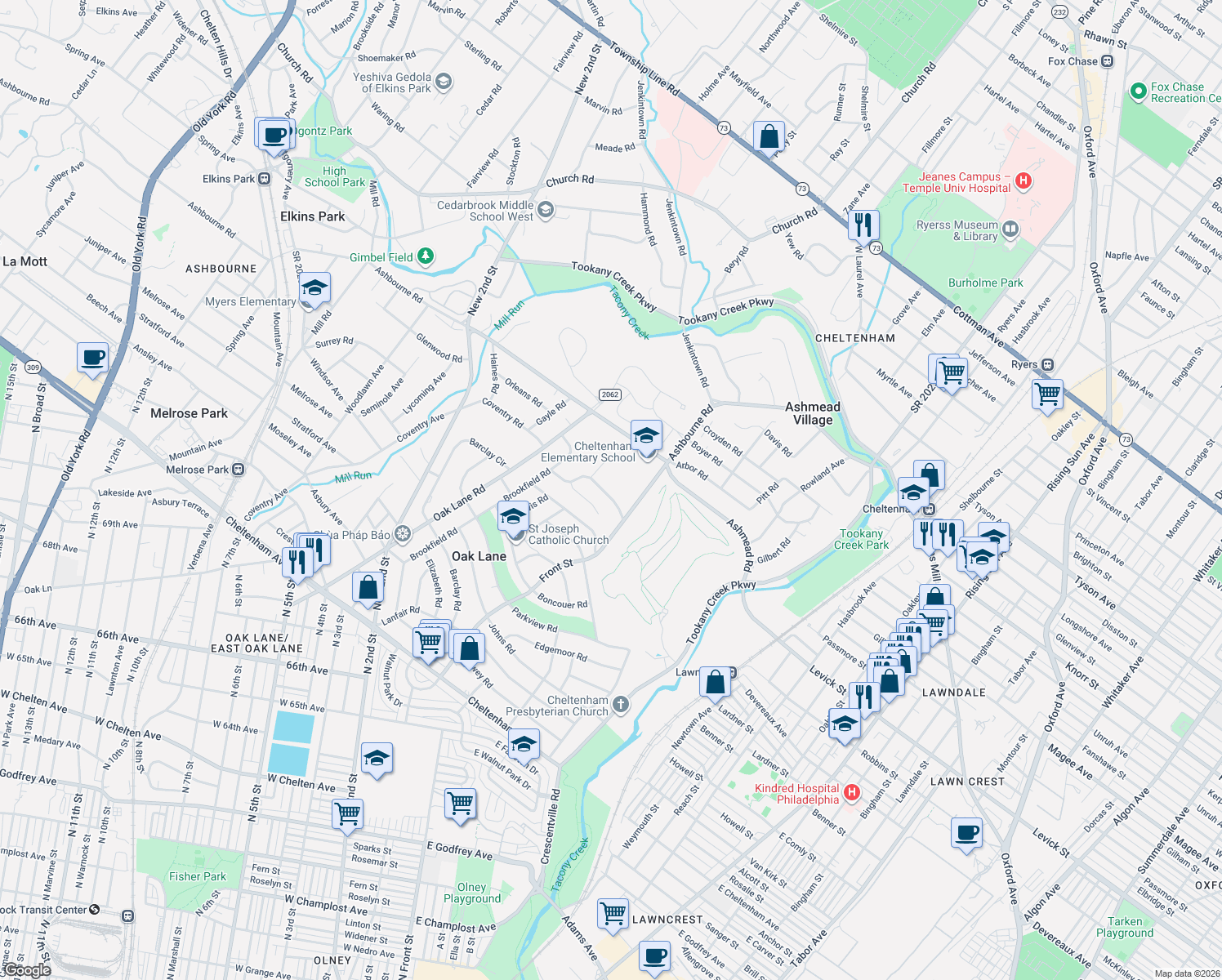 map of restaurants, bars, coffee shops, grocery stores, and more near 109 Pleasant Hill Road in Montgomery County