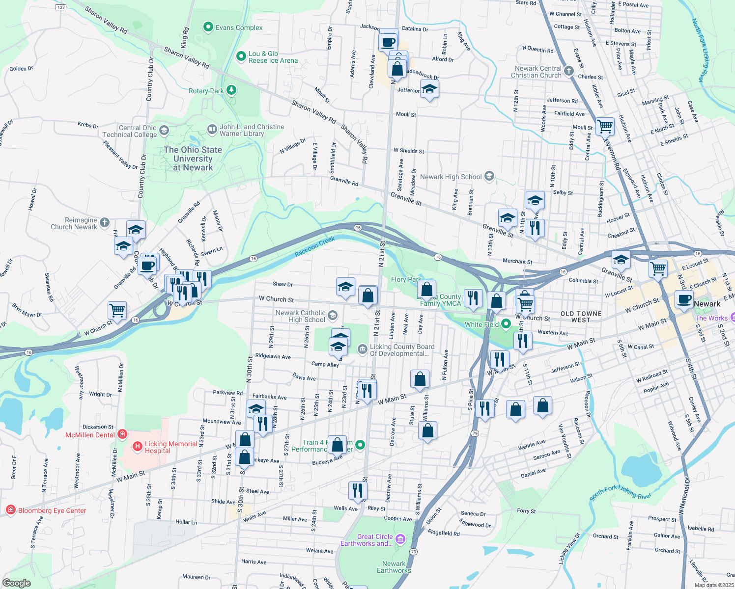map of restaurants, bars, coffee shops, grocery stores, and more near 775 West Locust Street in Newark