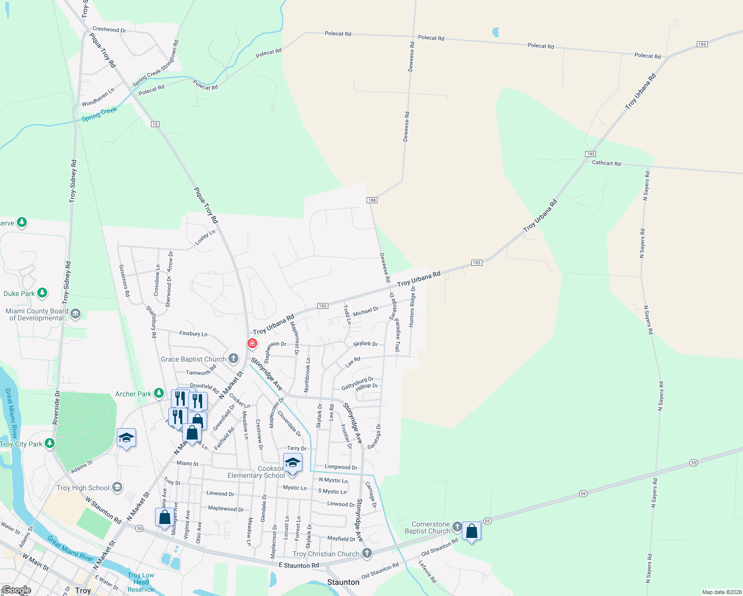 map of restaurants, bars, coffee shops, grocery stores, and more near 1380 Troy Urbana Road in Troy