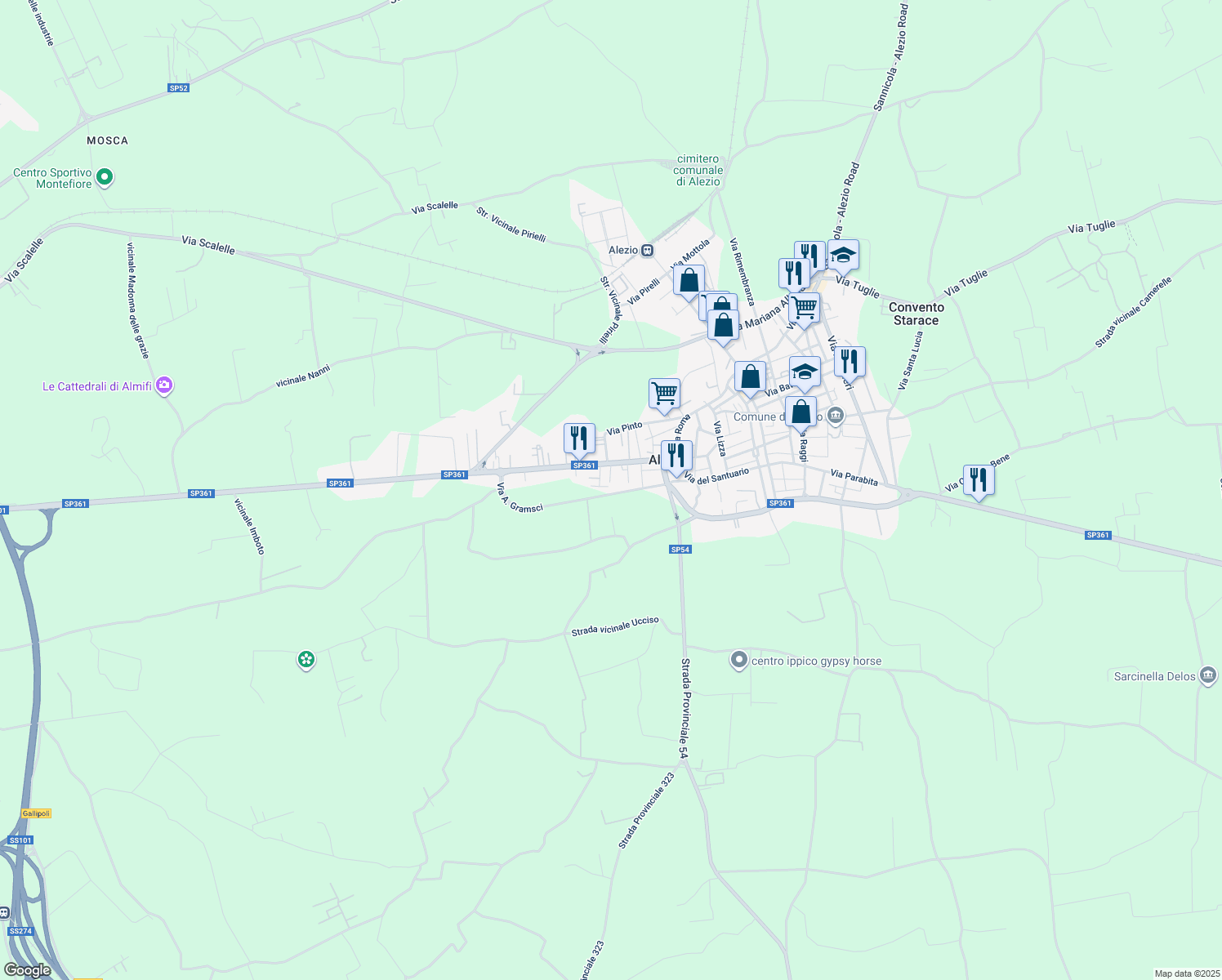 map of restaurants, bars, coffee shops, grocery stores, and more near 15 Via F. Zizzi in Alezio