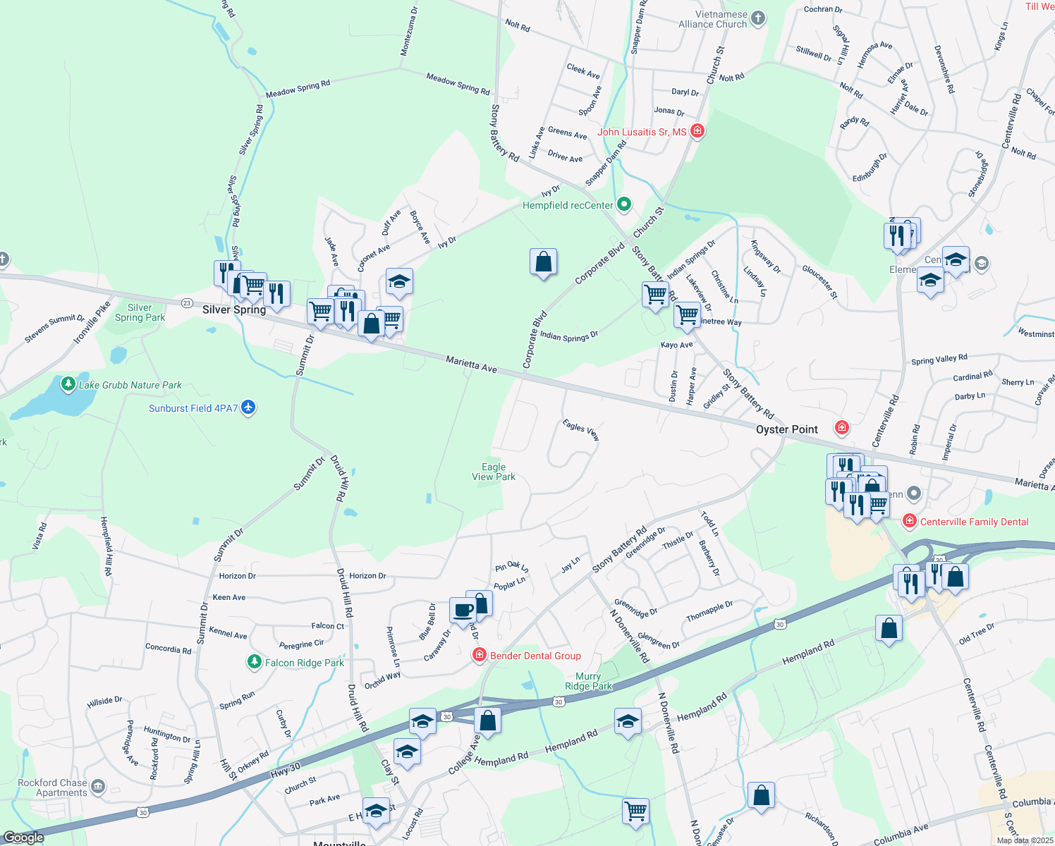 map of restaurants, bars, coffee shops, grocery stores, and more near 746 Oxford Rd in Lancaster