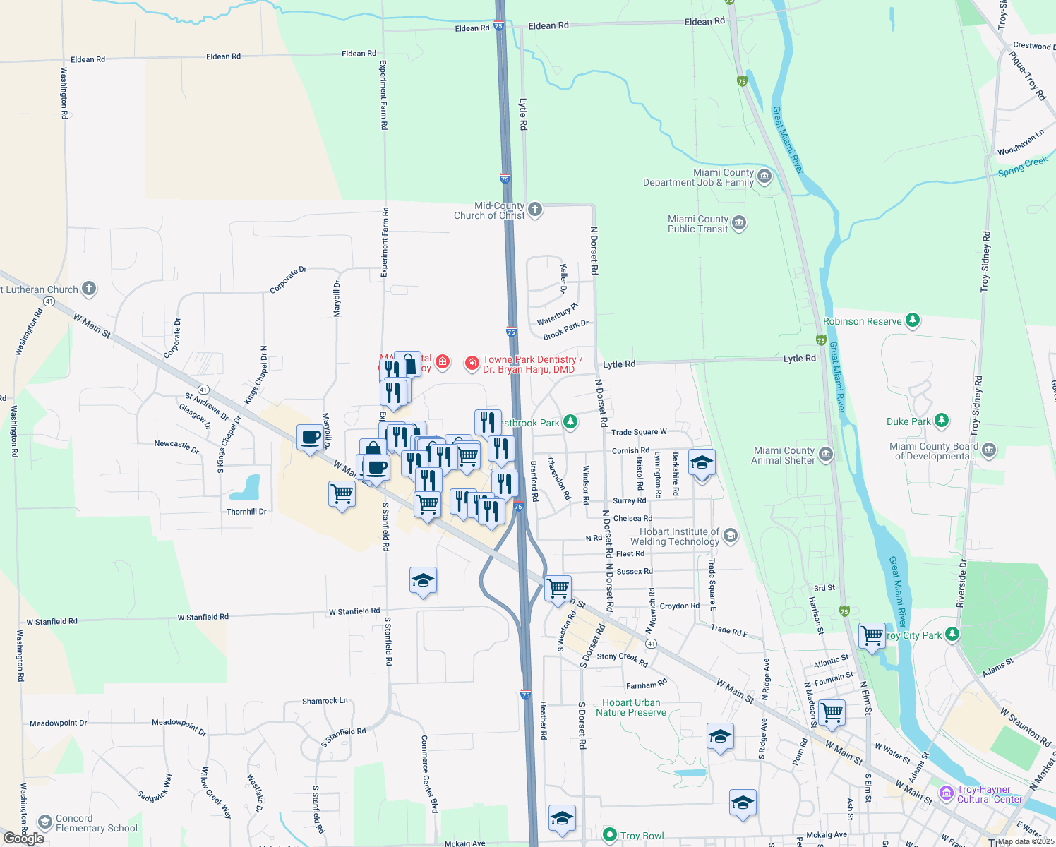 map of restaurants, bars, coffee shops, grocery stores, and more near 838 Branford Road in Troy