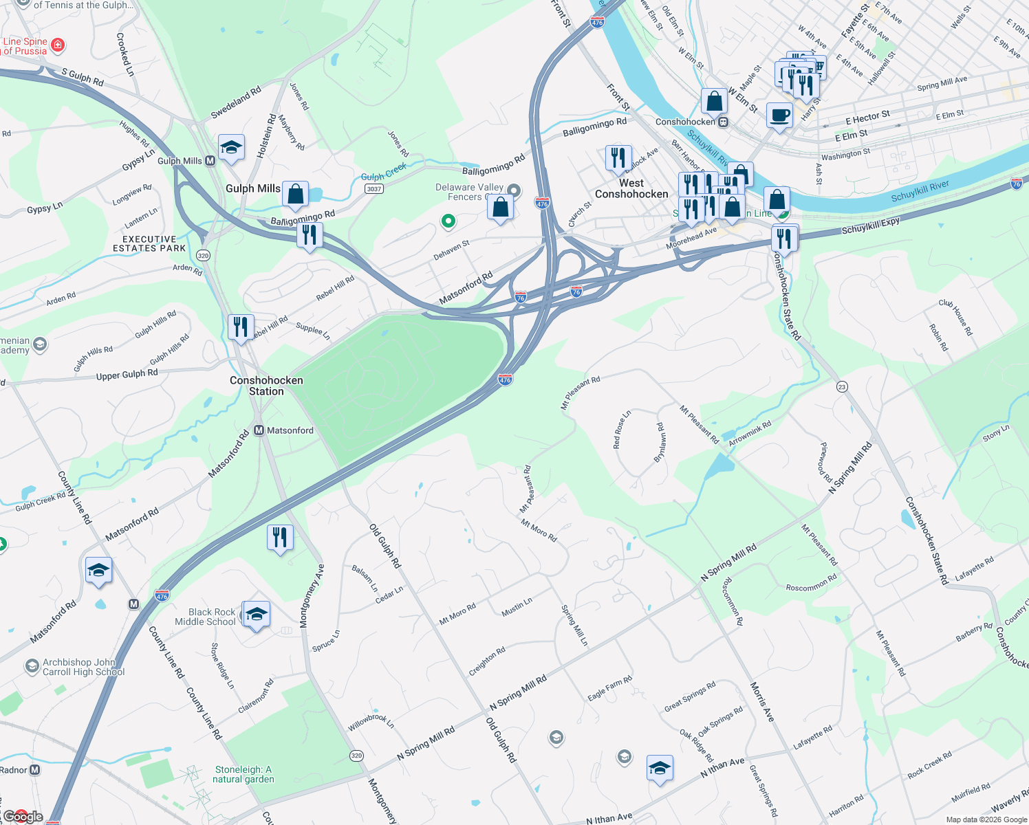 map of restaurants, bars, coffee shops, grocery stores, and more near 800 Chateau Lane in Villanova