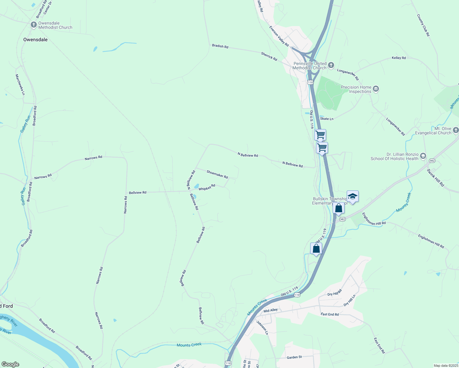 map of restaurants, bars, coffee shops, grocery stores, and more near 2104 Shoemaker Rd in Connellsville