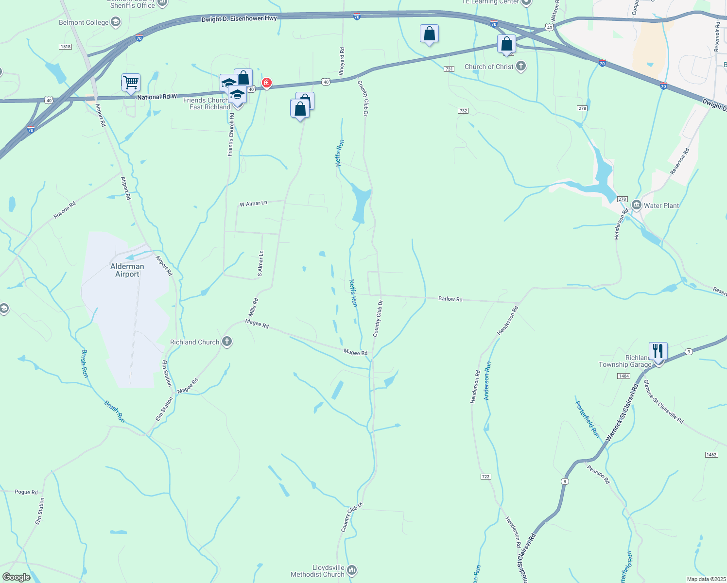 map of restaurants, bars, coffee shops, grocery stores, and more near 67010 Manitee Drive in St. Clairsville