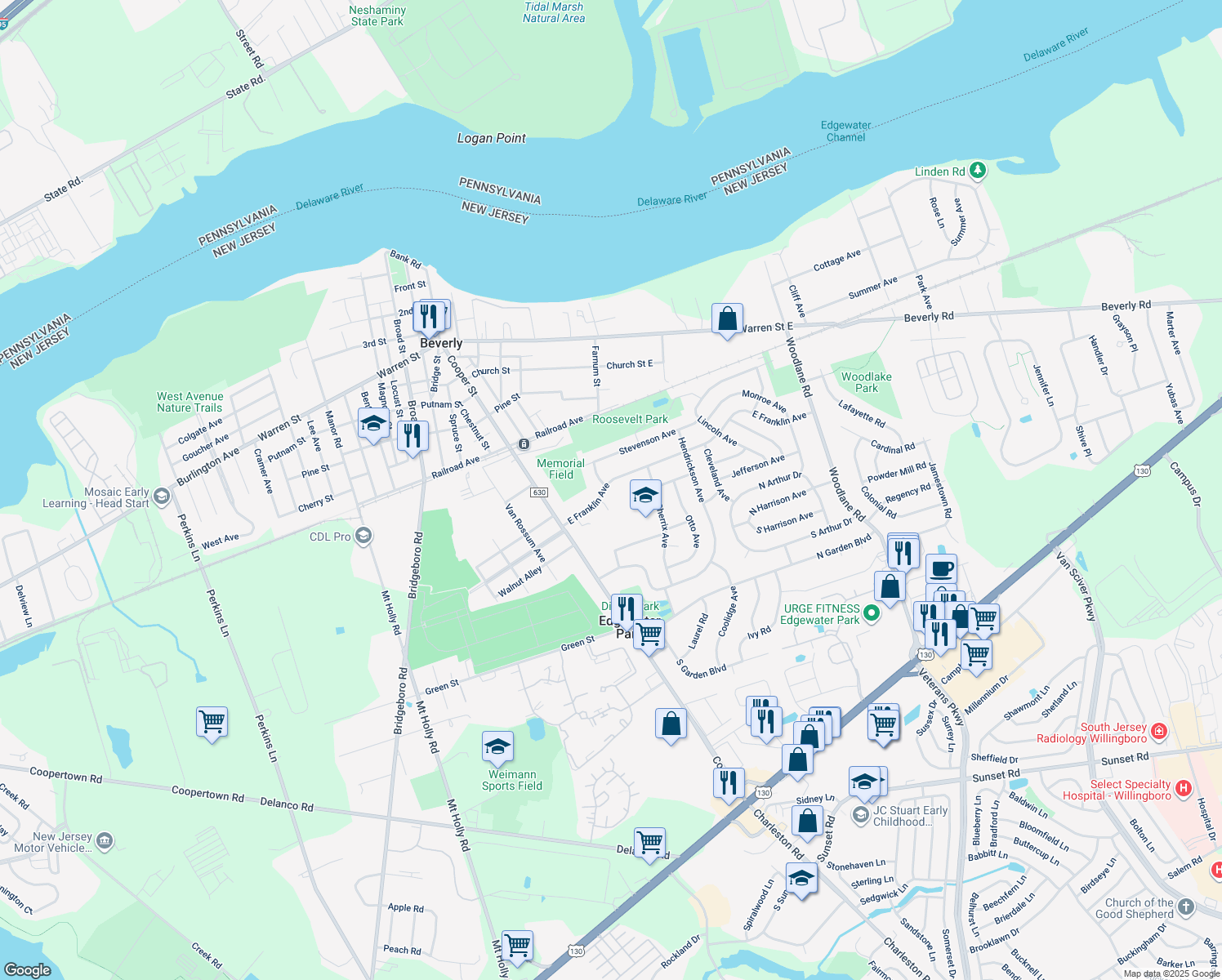 map of restaurants, bars, coffee shops, grocery stores, and more near 108 E Franklin Ave in Beverly