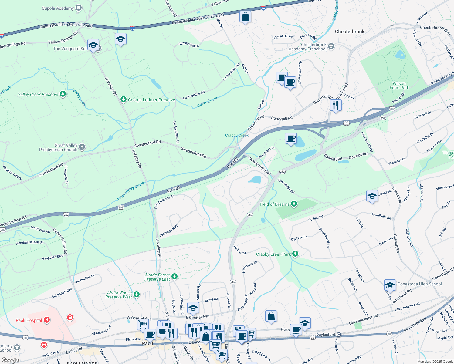 map of restaurants, bars, coffee shops, grocery stores, and more near 119 Waterford Circle in Berwyn