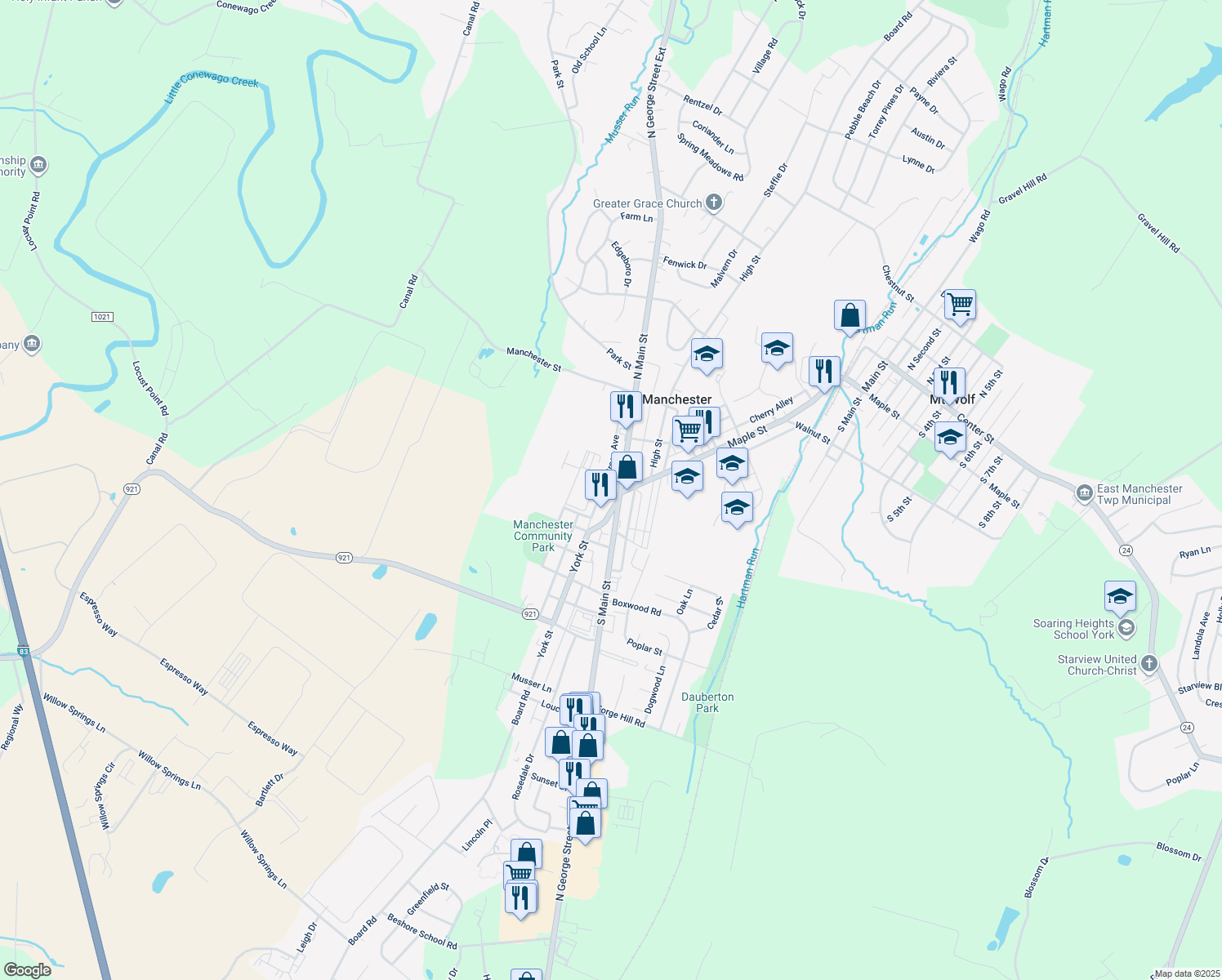 map of restaurants, bars, coffee shops, grocery stores, and more near 2 North Main Street in Manchester