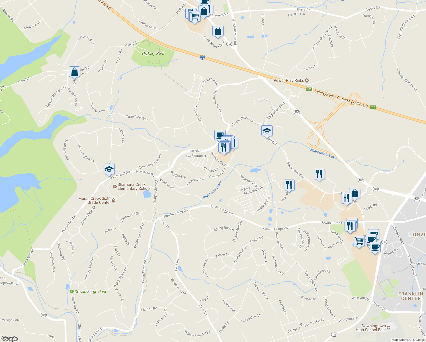 map of restaurants, bars, coffee shops, grocery stores, and more near 574 Cricket Lane in Downingtown