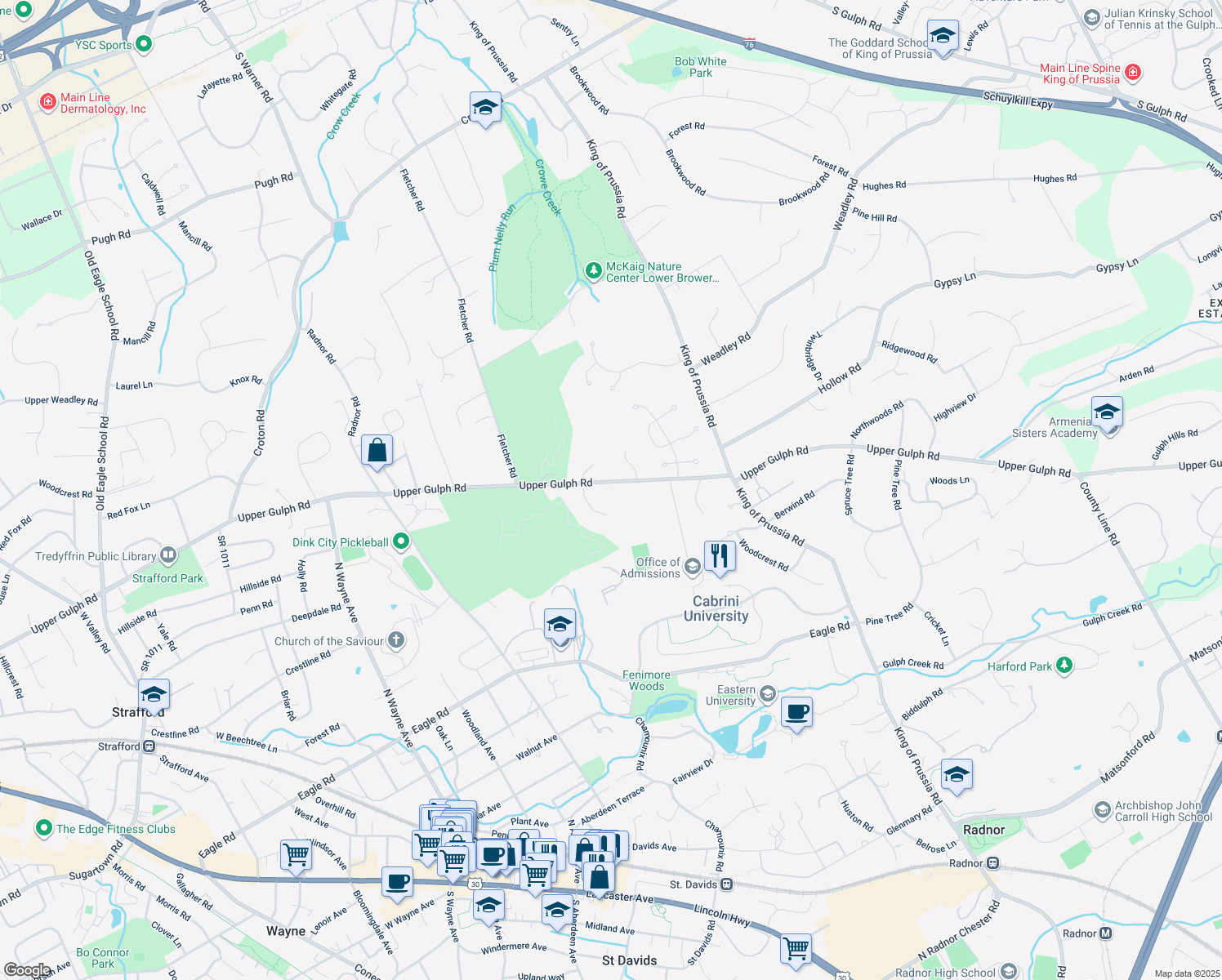 map of restaurants, bars, coffee shops, grocery stores, and more near 1222 Upper Gulph Road in Wayne