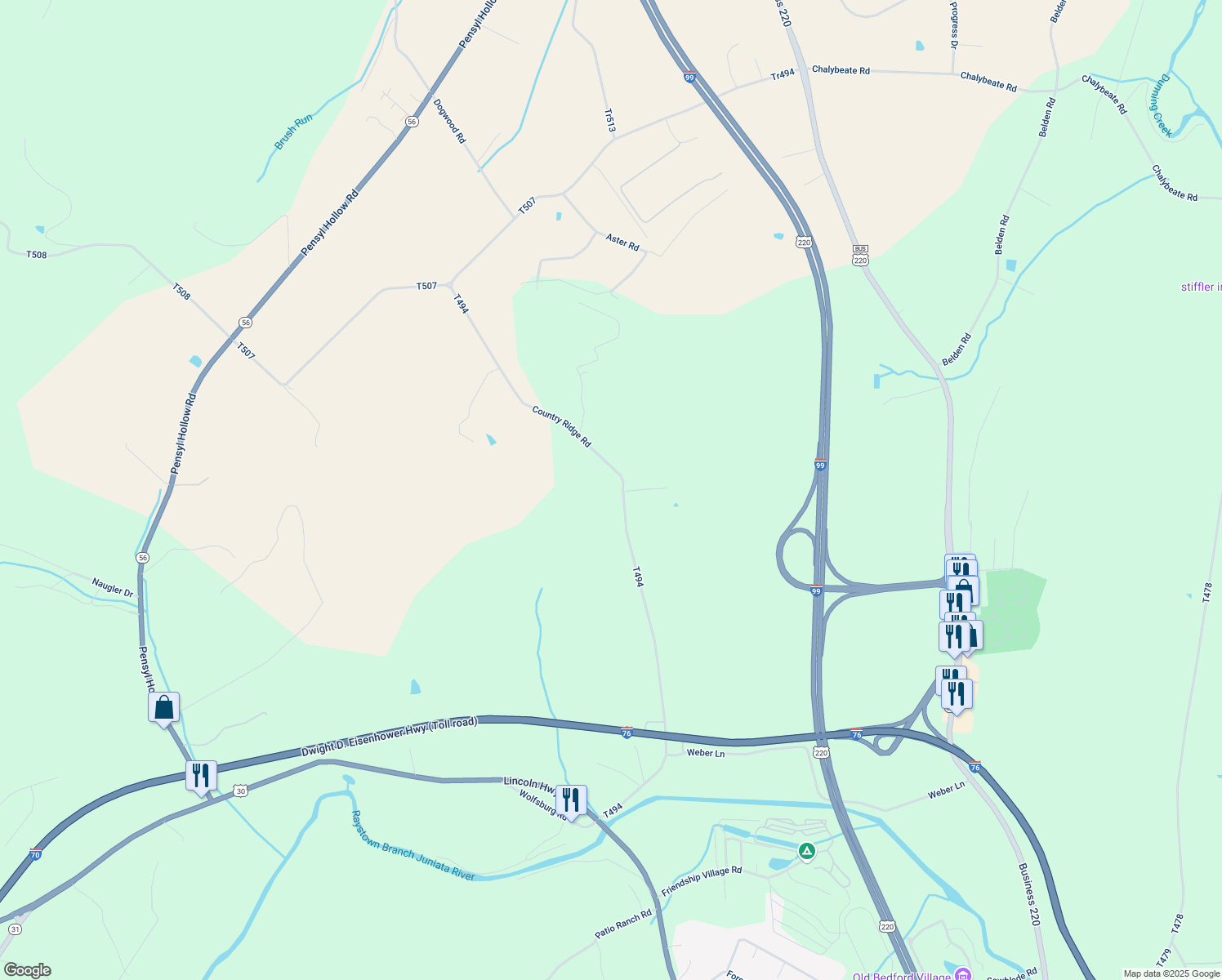 map of restaurants, bars, coffee shops, grocery stores, and more near 613 Country Ridge Road in Bedford