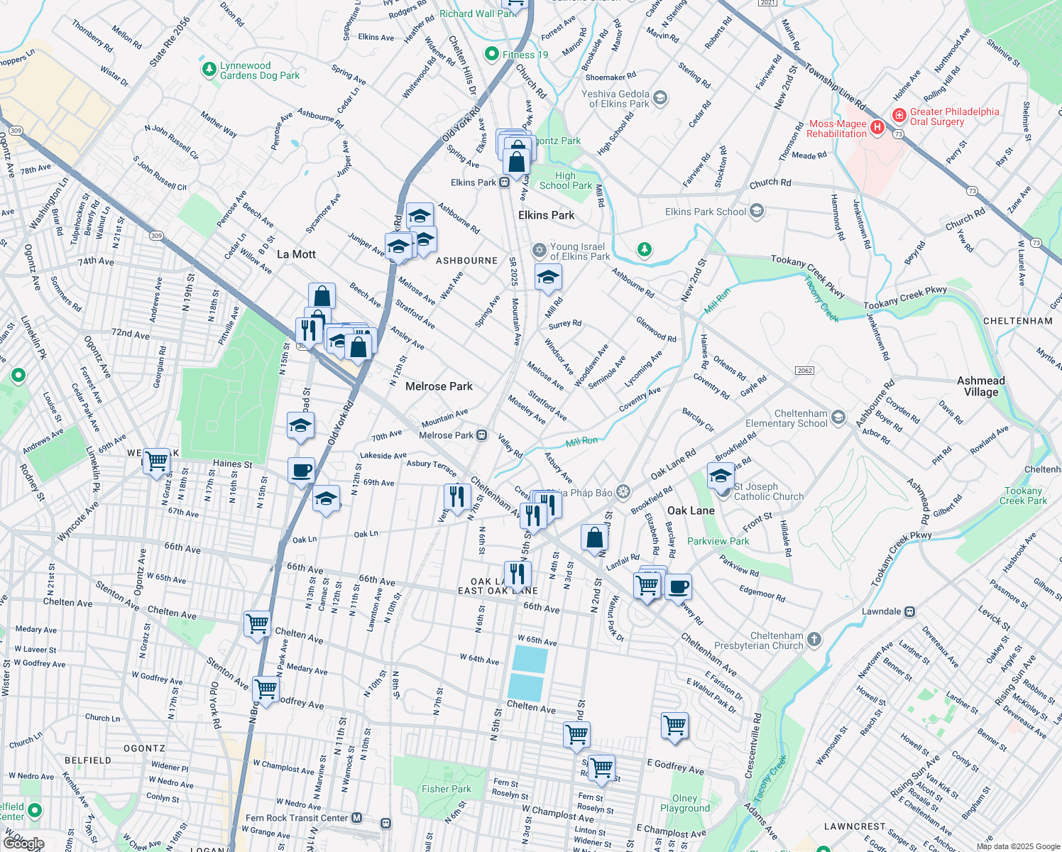 map of restaurants, bars, coffee shops, grocery stores, and more near 13 Asbury Avenue in Melrose Park