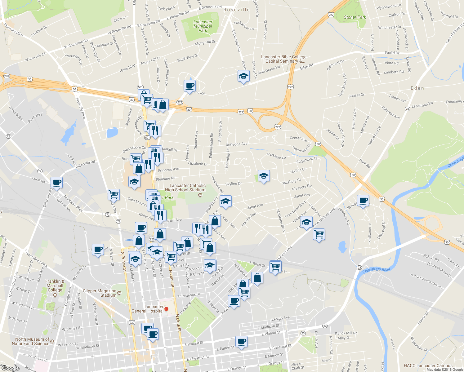 map of restaurants, bars, coffee shops, grocery stores, and more near 732 Skyline Drive in Lancaster