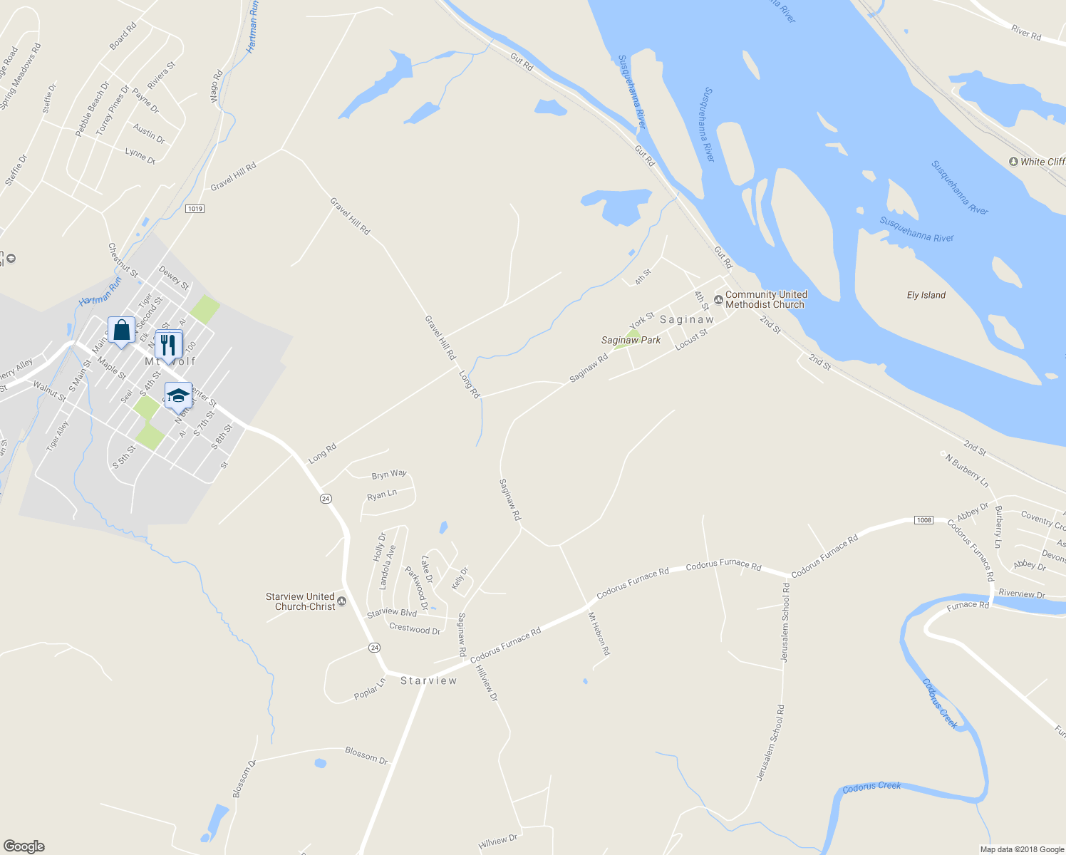 map of restaurants, bars, coffee shops, grocery stores, and more near 415 Saginaw Road in Mount Wolf