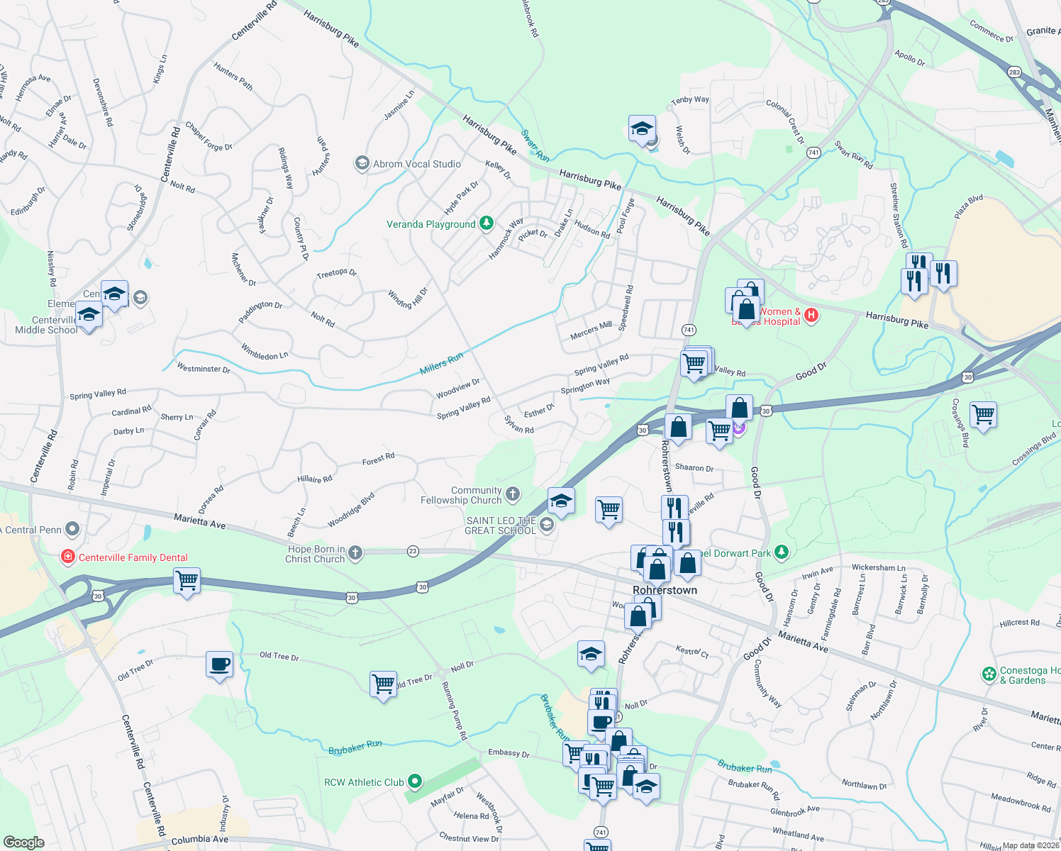 map of restaurants, bars, coffee shops, grocery stores, and more near 839 Sylvan Rd in Lancaster