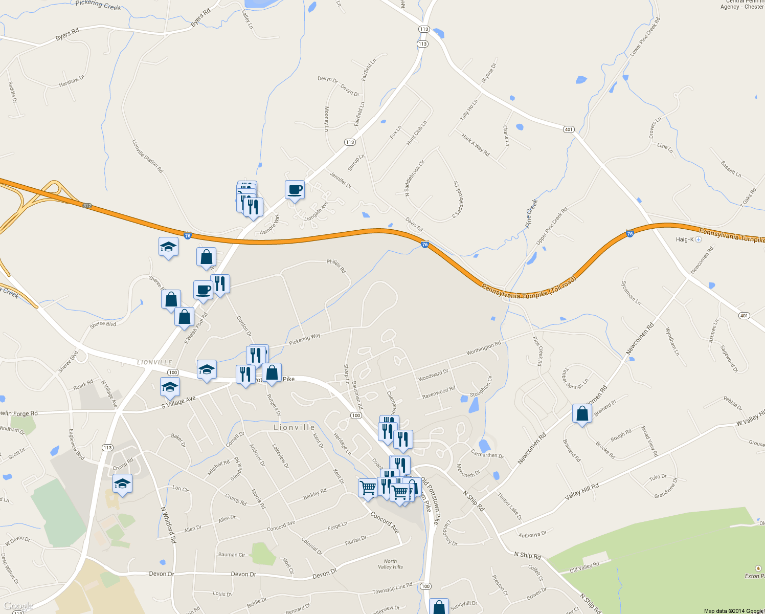 map of restaurants, bars, coffee shops, grocery stores, and more near 213 Autumn Drive in Exton