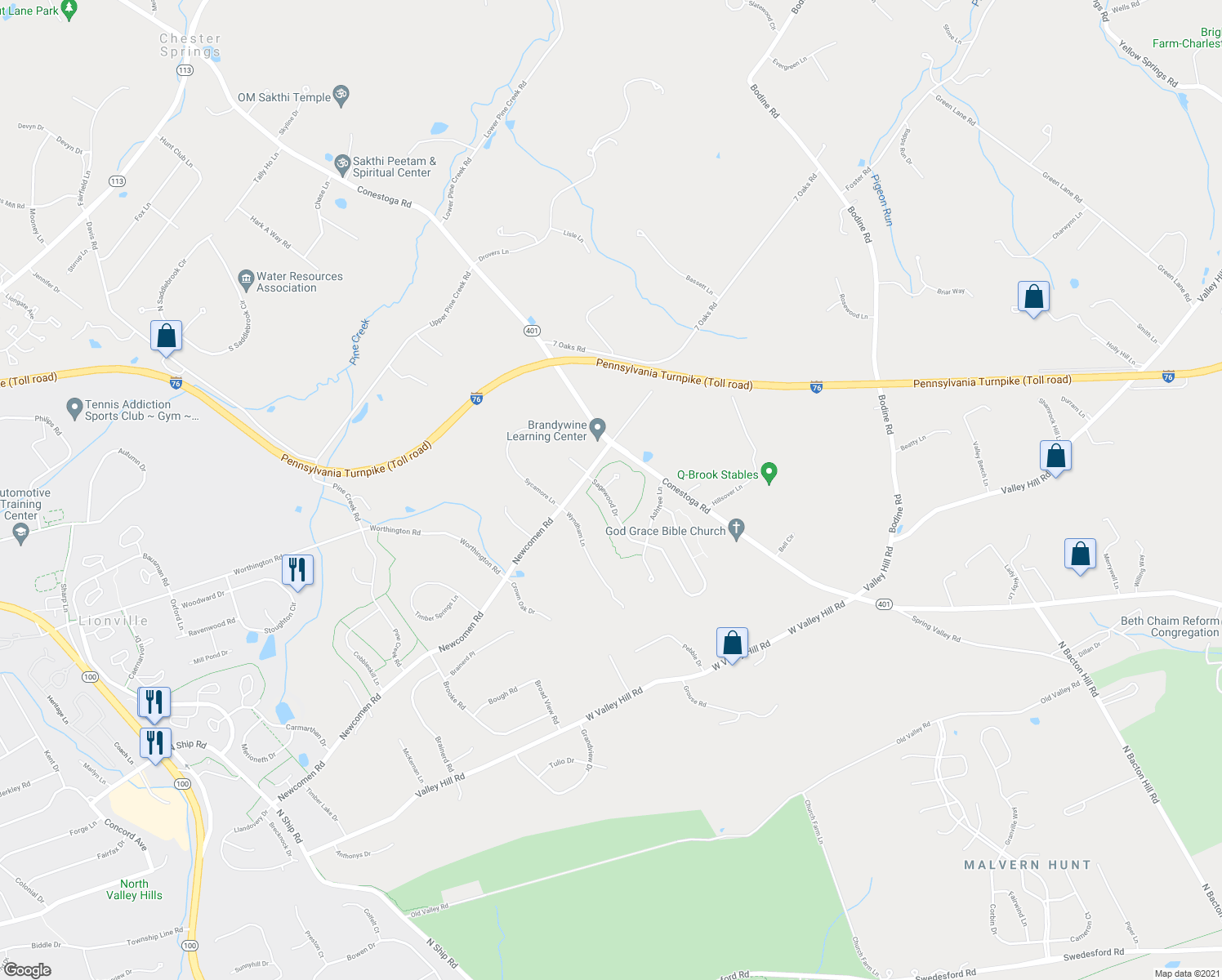 map of restaurants, bars, coffee shops, grocery stores, and more near 10 Oakbrook Court in Malvern